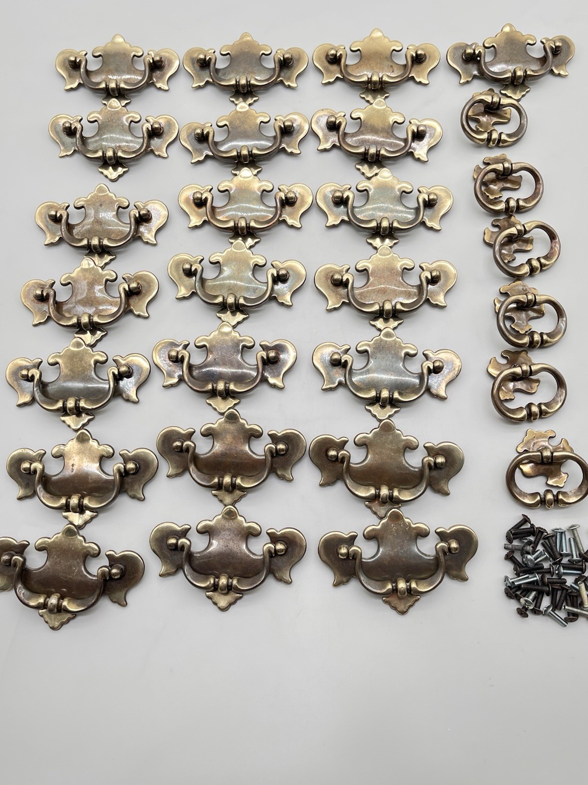 Set 22 Vtg Brass Chippendale Batwing Drawer Pulls Bail Handles & 6 Ring Pulls