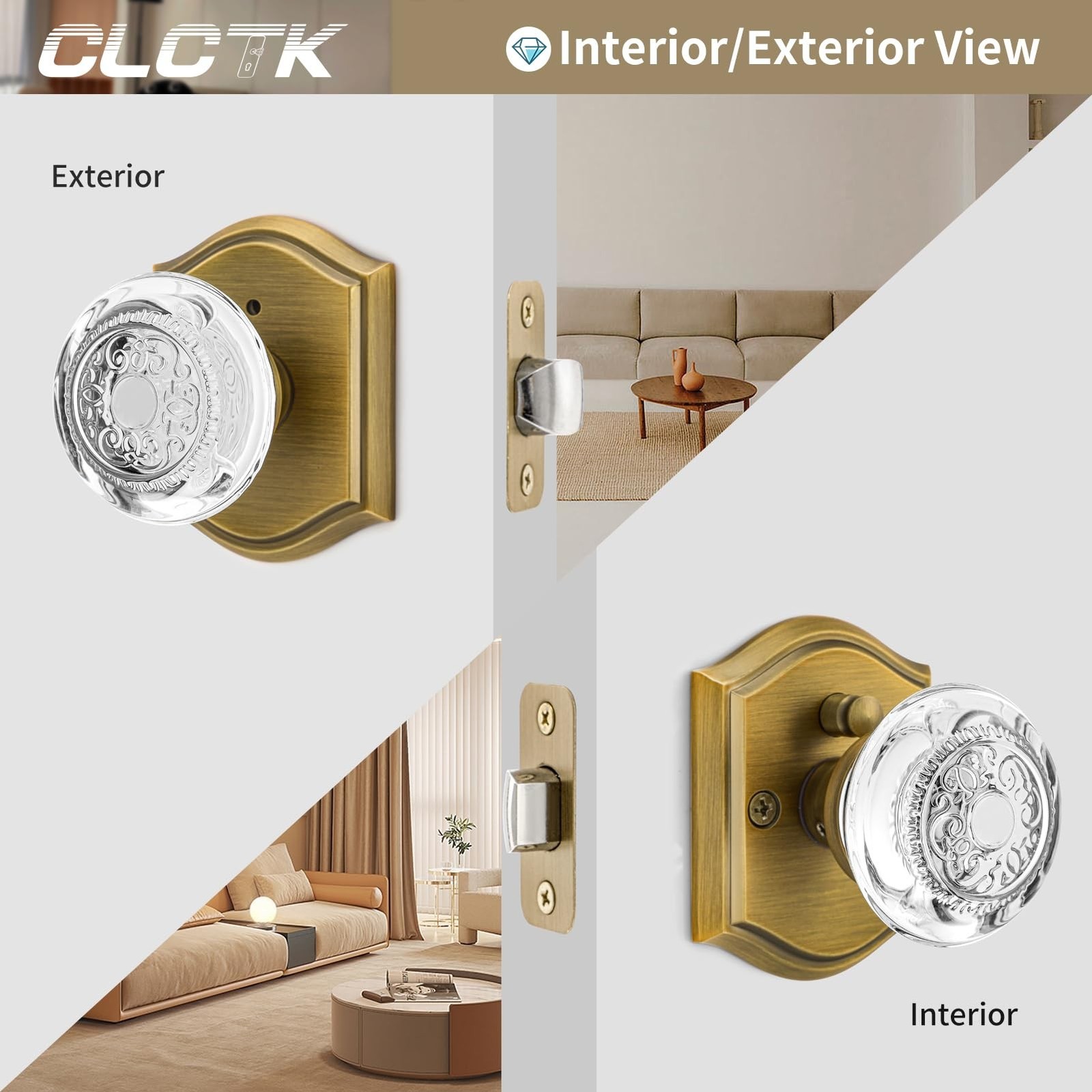 Glass Door Knobs Interior with Lock, Vintage Crystal Privacy Antique Brass Do…