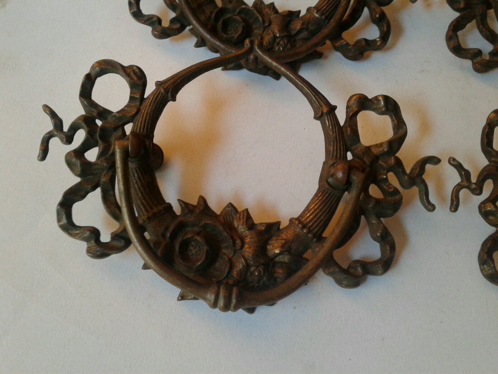 Antique / Vintage Drop Bail Pulls Drawer Pulls Ornate Brass Hardware Lot of 6