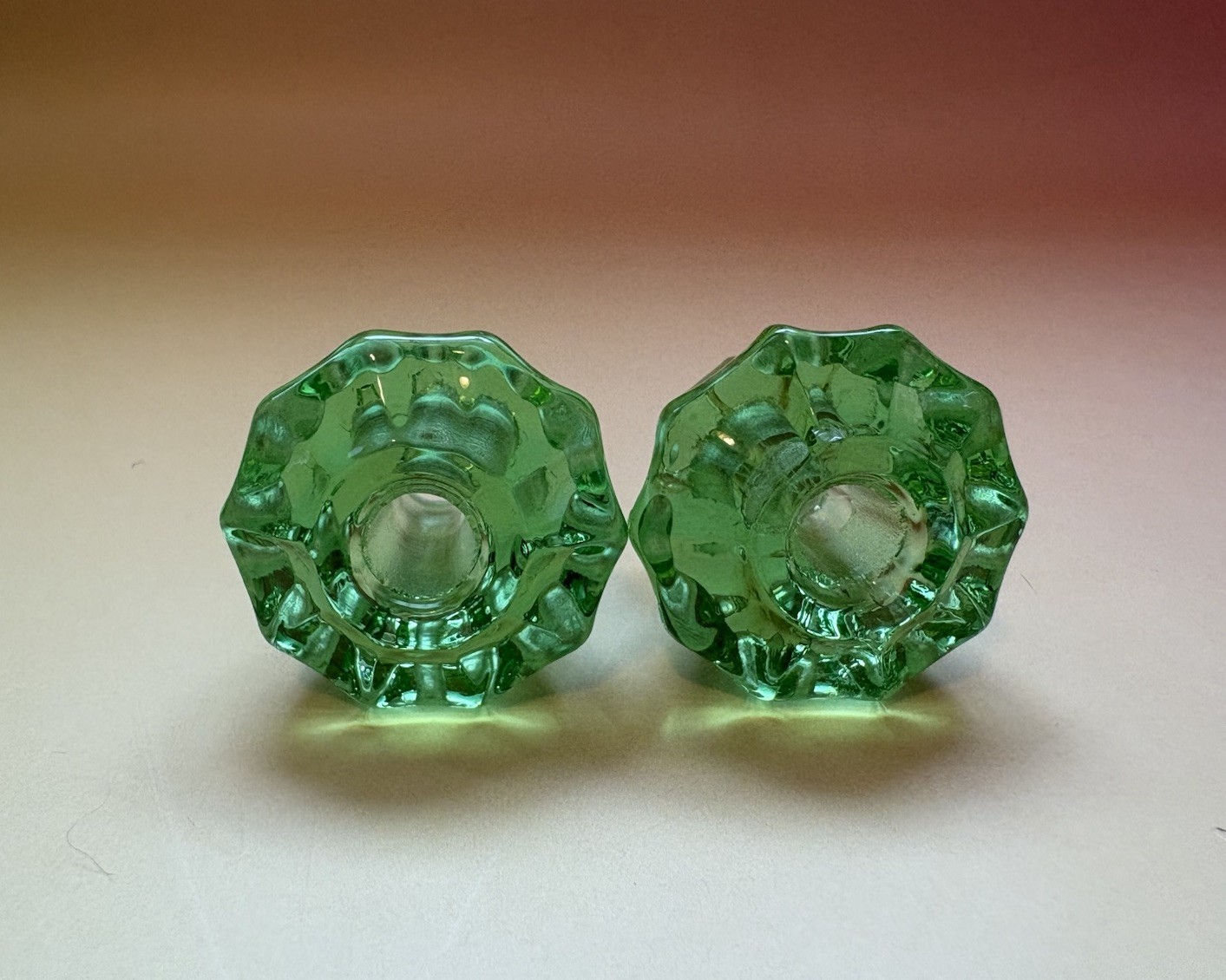 2 Antique GREEN URANIUM DEPRESSION GLASS Knobs Pulls Cabinet 1 1/8”—GLOWS!
