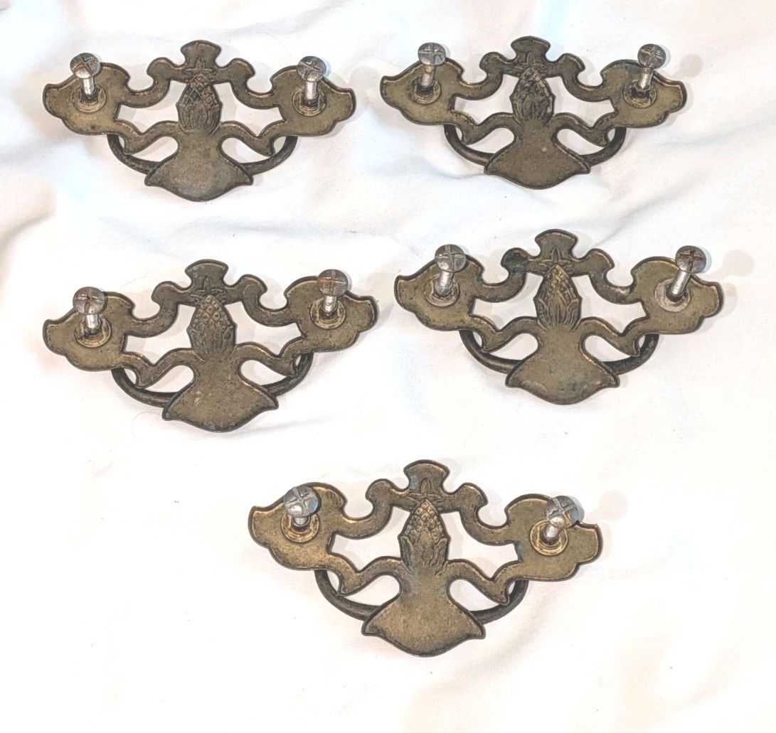 (5) Vintage 1960s (?) Brass Pineapple Drop Bail Drawer Pulls / Handles & Screws