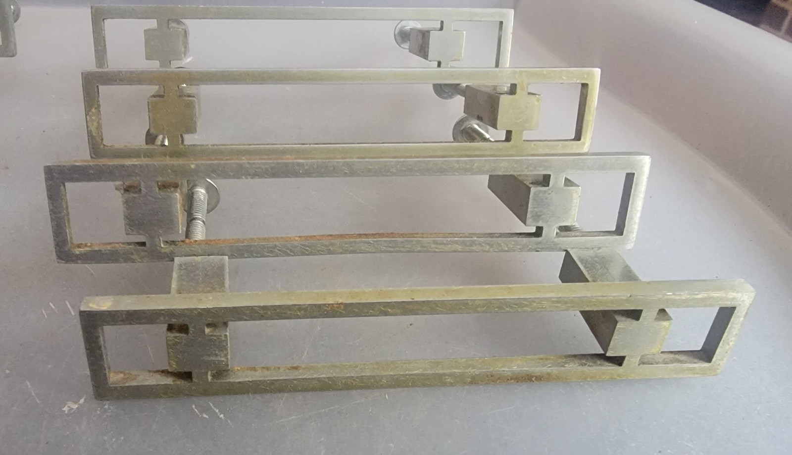 Vintage Mid Century Nickel Cabinet Drawer Pulls & Screws 4 1/4″ Long -9 pc Lot