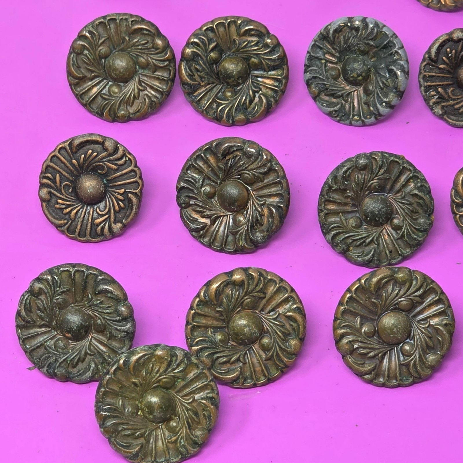 Set Of Vintage Brass Drawer Knobs & 6 Handles With Ornate Floral Design