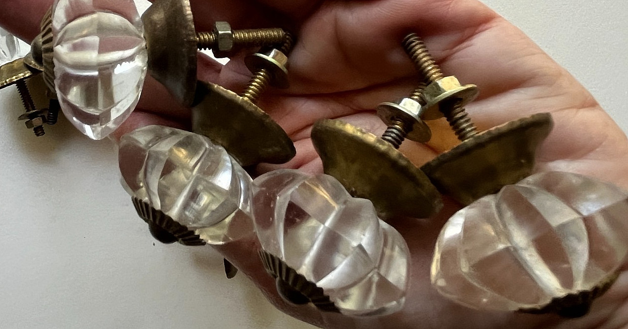 10 Vintage Brass floral Cut Glass Drawer Knob Handle Pulls