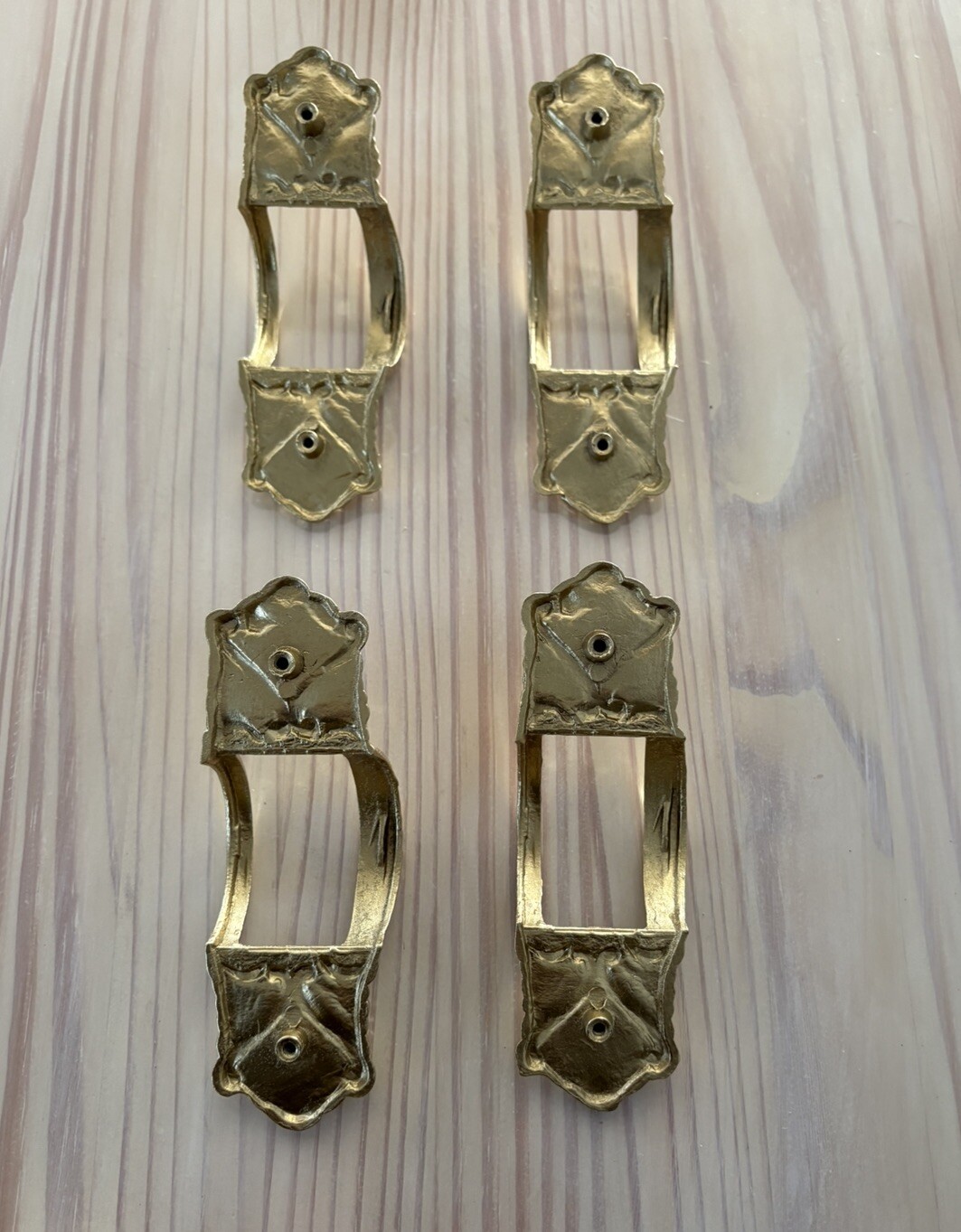 6 Art Deco Drawer Pulls Pot Metal Gold Paint Orange Plastic Inserts Large VTG