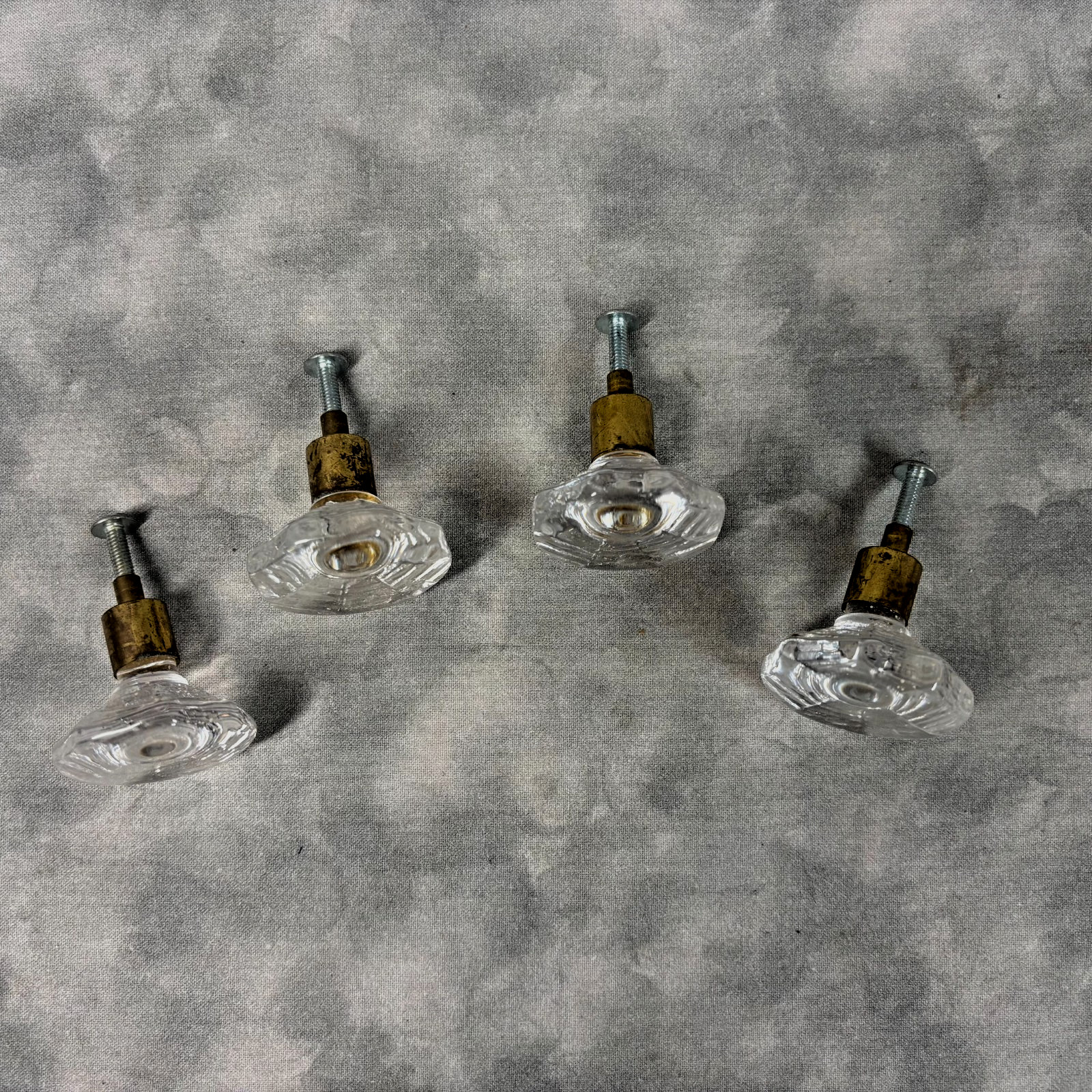 Set of 4 Vintage Glass Drawer Knobs Hexagonal Clear with Brass Center Used