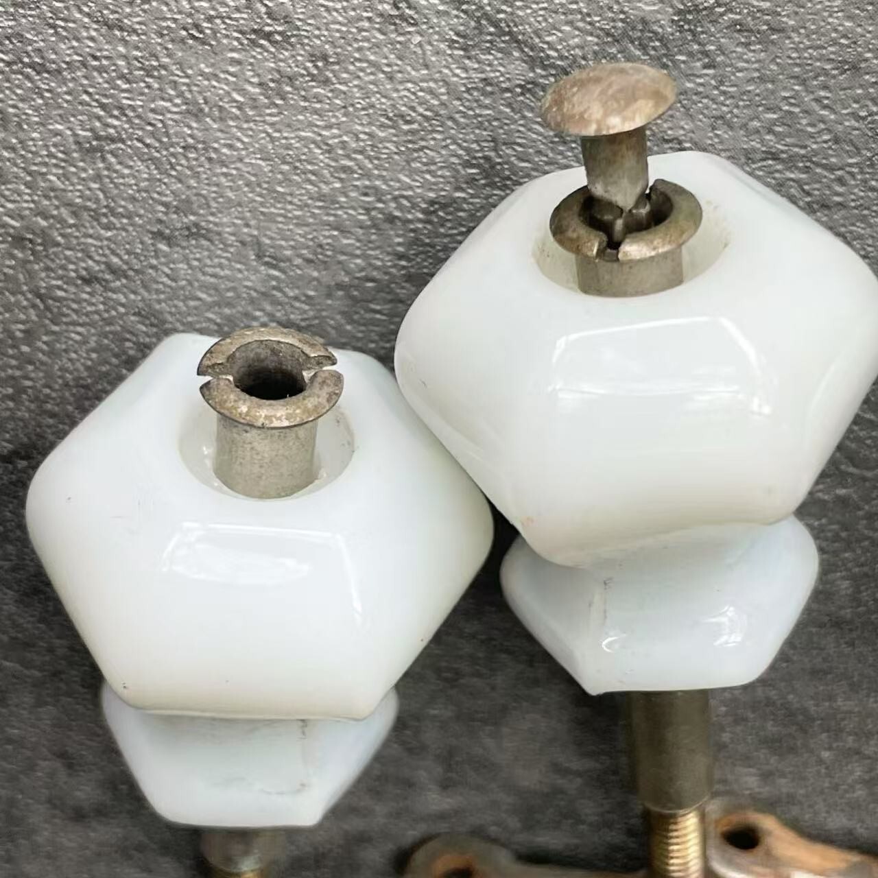 4-pc Antique MCM White Milk Glass Hexagon Knobs 1.25″H Cupboard Drawer Pull Door
