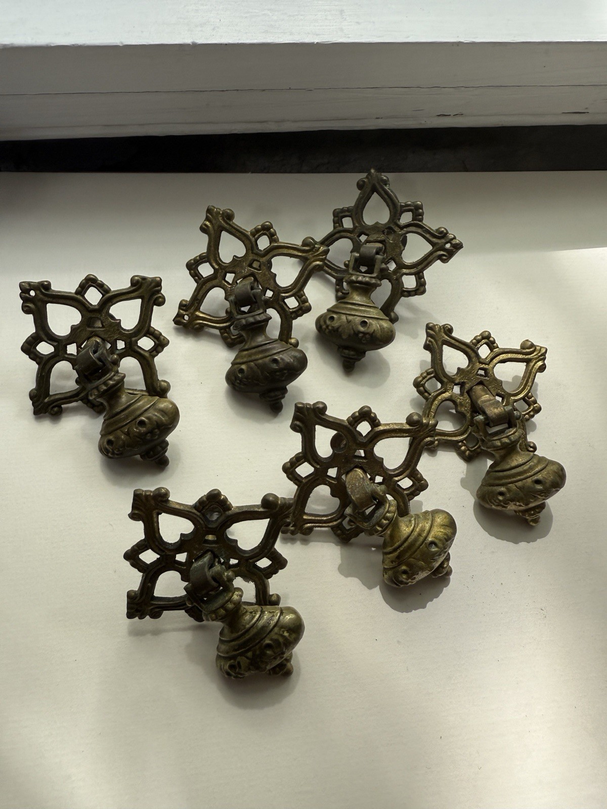 (6) Vintage Keller Brass Co Gothic Tudor Drop Bail Drawer Pulls KBC G606 Ornate