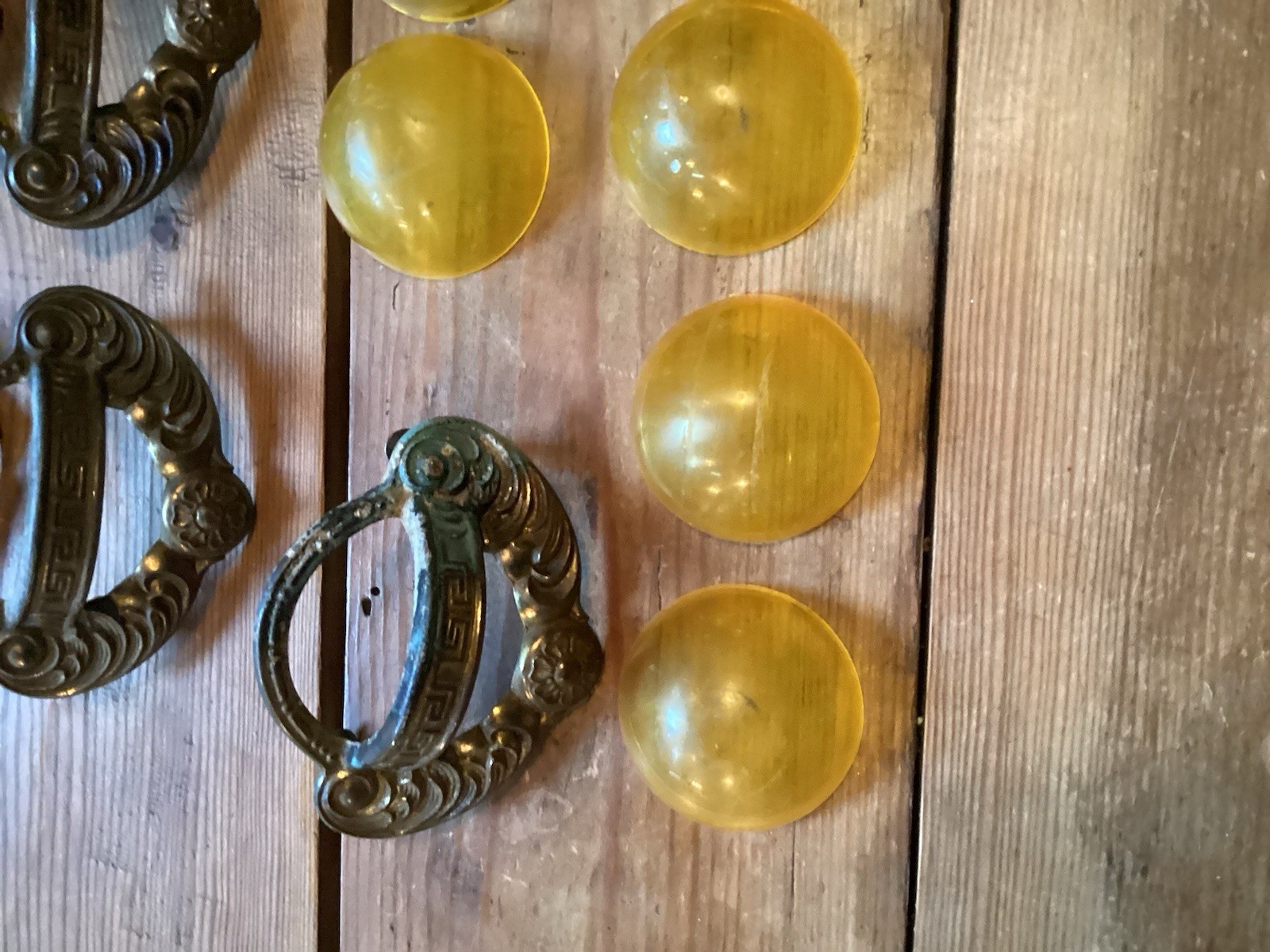 Art Nouveau Style Finger Cup Pulls Gold Bakelite?- Set of 8 – 3″ centers