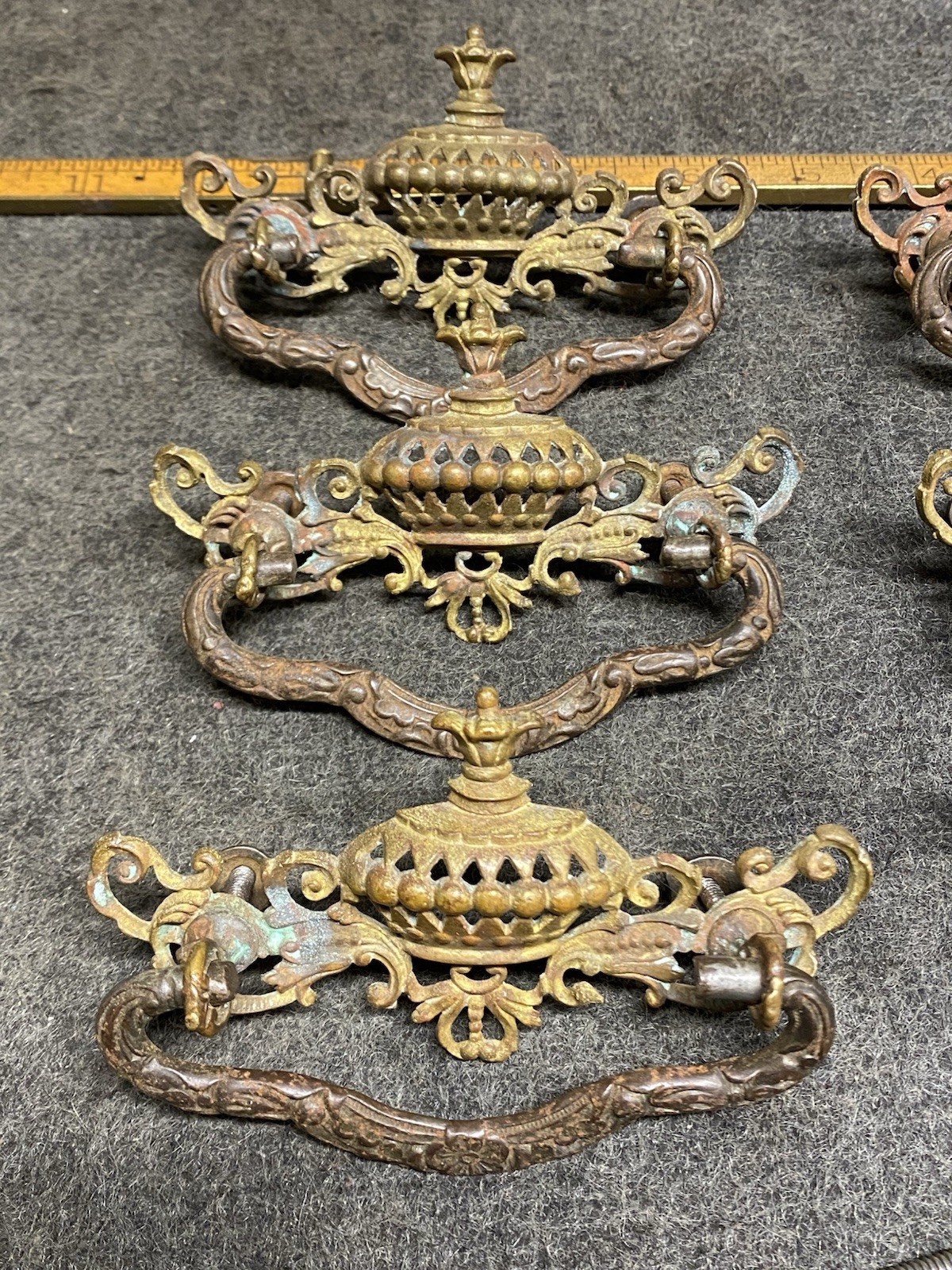 6 Antique Brass And Cast Iron Victorian Style Drawer Pulls 3” Bolt Pattern