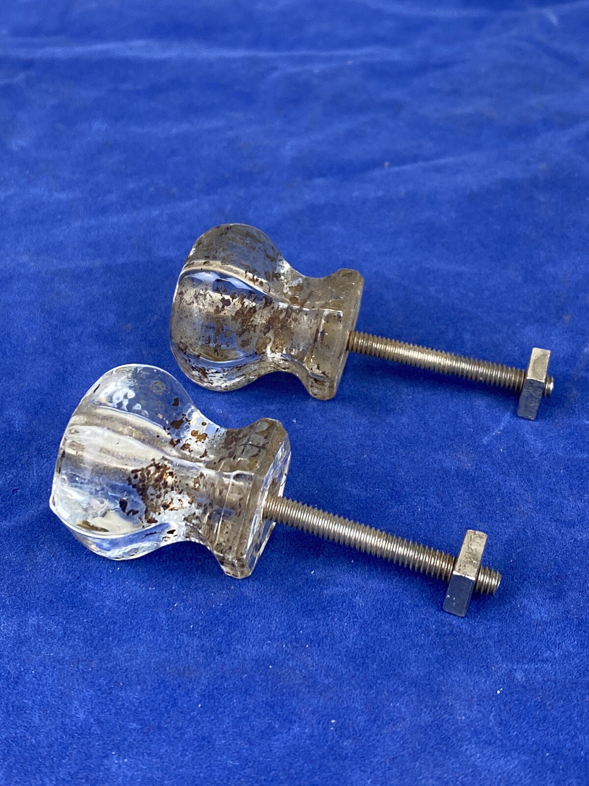 Pair Antique 6 Sided Hexagon Glass Pulls, Cabinet or Drawer Pulls, No Chips!