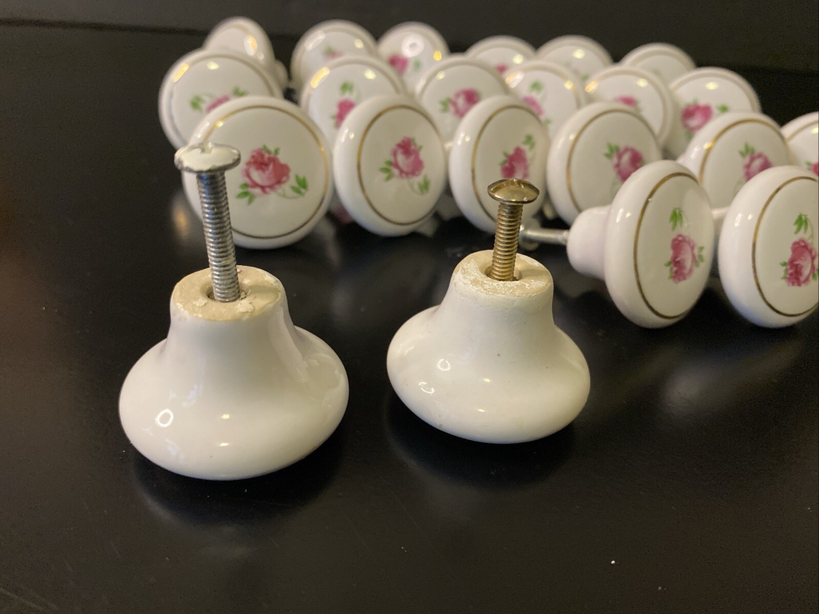 Pair VTG Round White Porcelain Hand Painted Rose Floral Drawer Knobs With Bolts