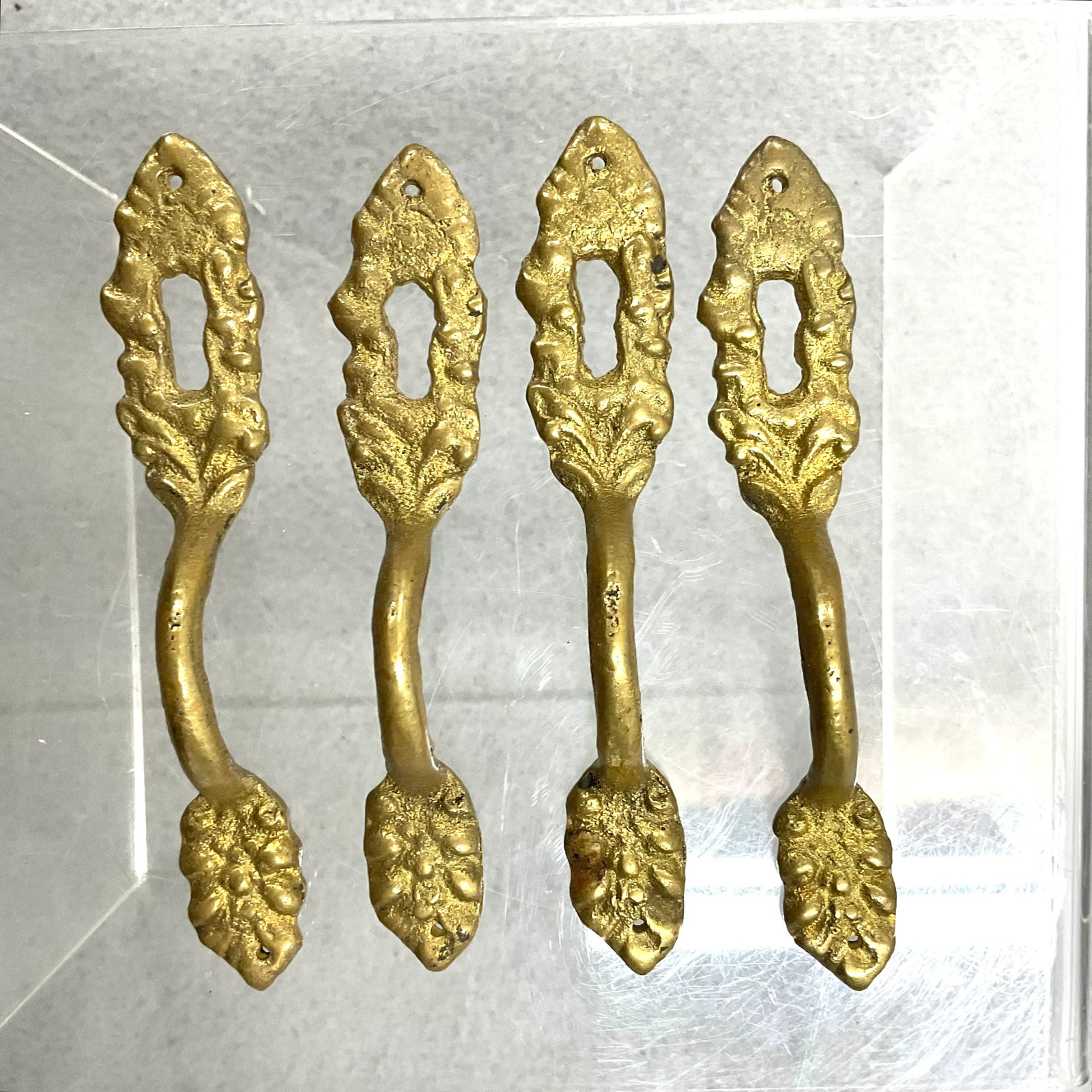 Ornate Floral Brass Decorative Door / Drawer Pulls Keyhole Hardware Set of 4
