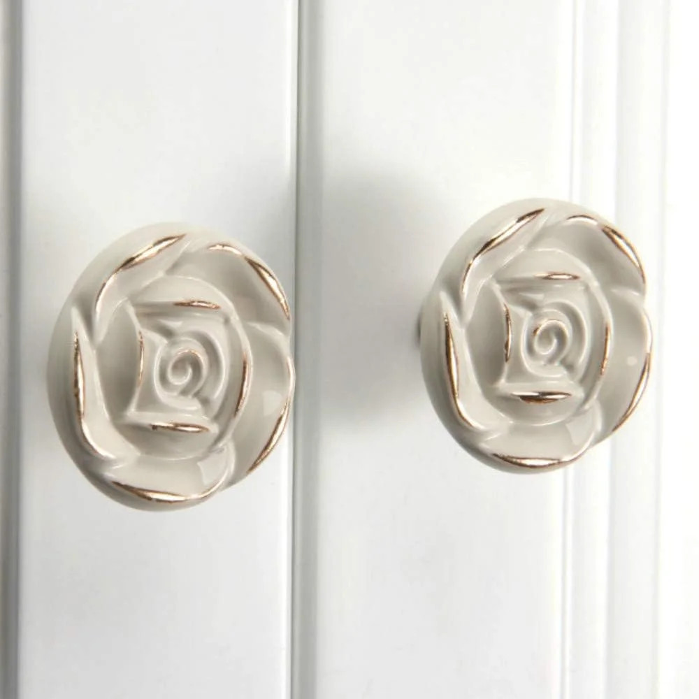 Antique Rose Flower Cabinet Knobs, Vintage Kitchen Shabby Chic Zinc Alloy White