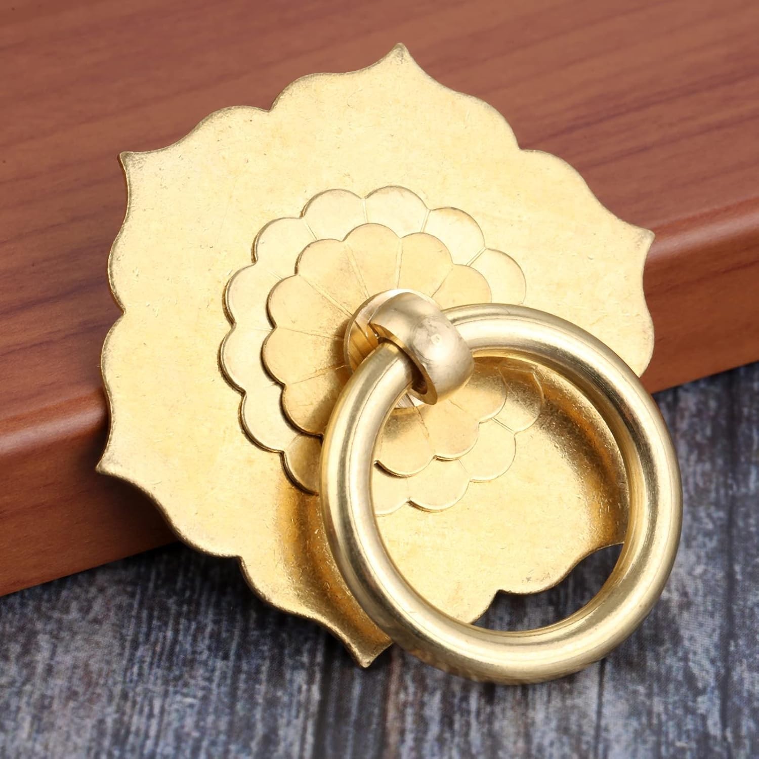 4PCS Antique Brass Ring Pulls,Vintage Hexagon Flower Ring 4 Pack