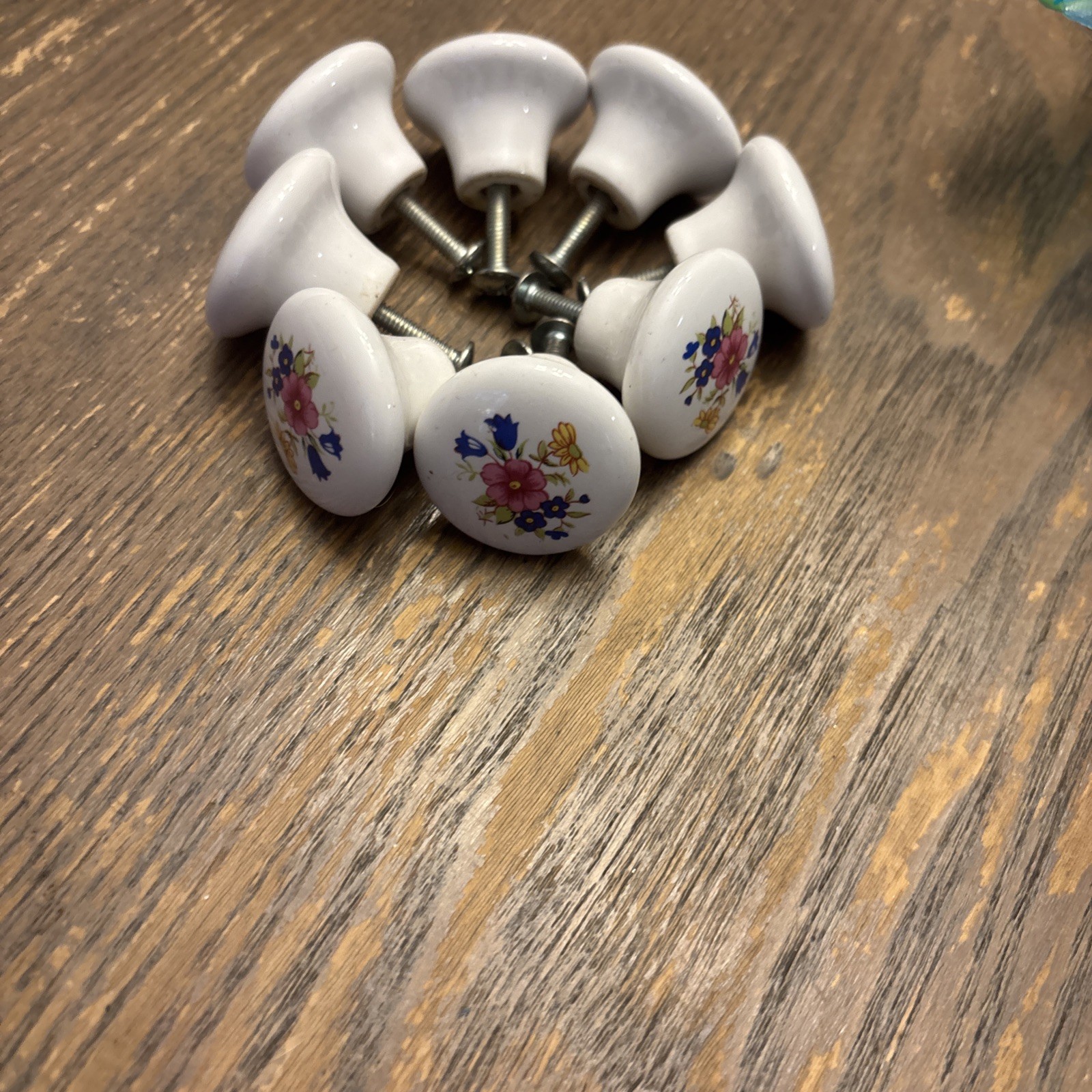 Vintage Porcelain Pulls /Knobs, White Painted Floral Design Lot of 8 with screws