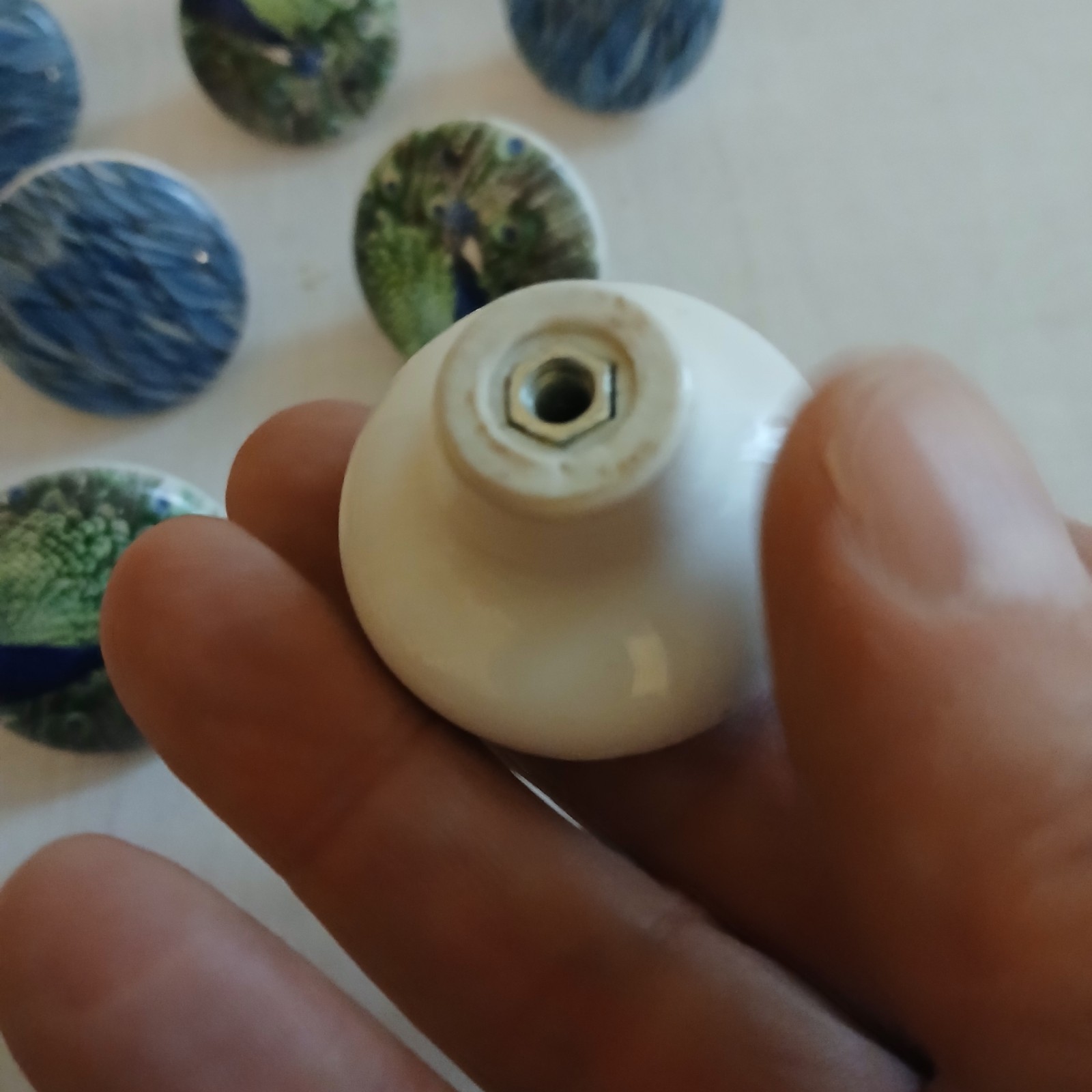 lot of 7 Vintage porcelain drawer Pulls Knobs Country MCM Peacock Waves 1 1/2″