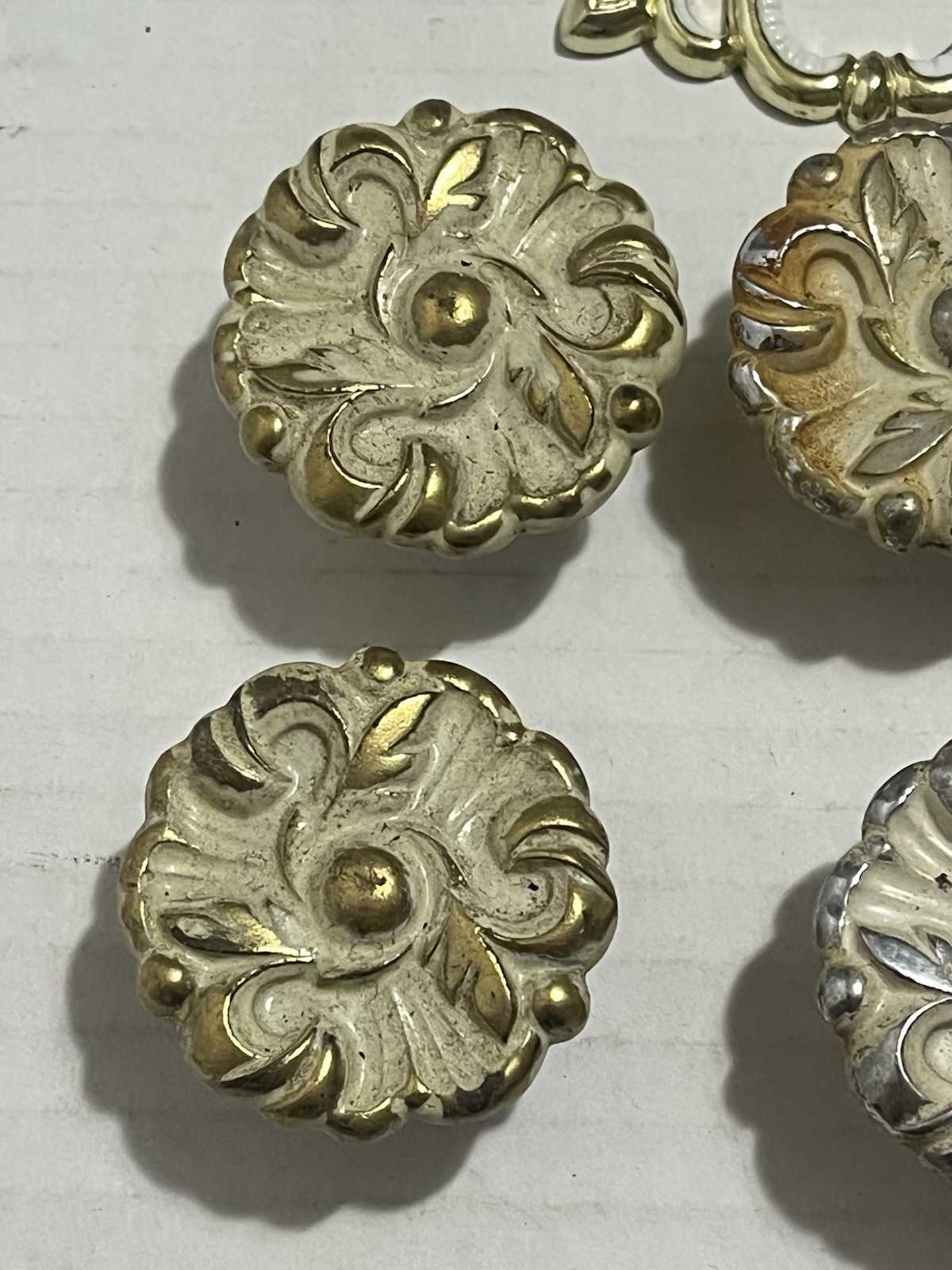 Lot of Vintage Of Floral French Provincial Drawer Knobs Pulls White Brass 1960s