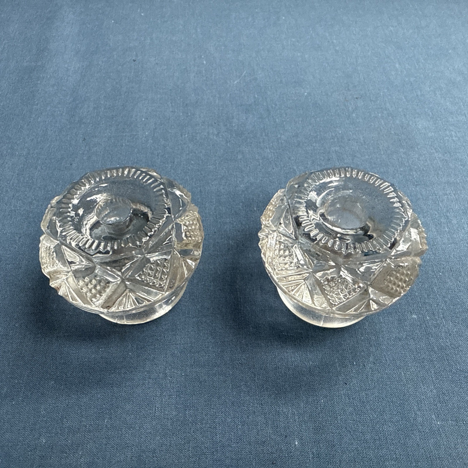 2 Antique Pressed Clear Glass Sandwich Drawer Pulls 1 3/4″ Original Posts