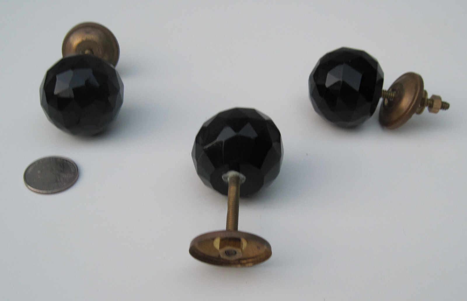 Vintage Set of 3 Knobs Black Glass Faceted Drawer Ball Round Brass 1 1/2″Dia