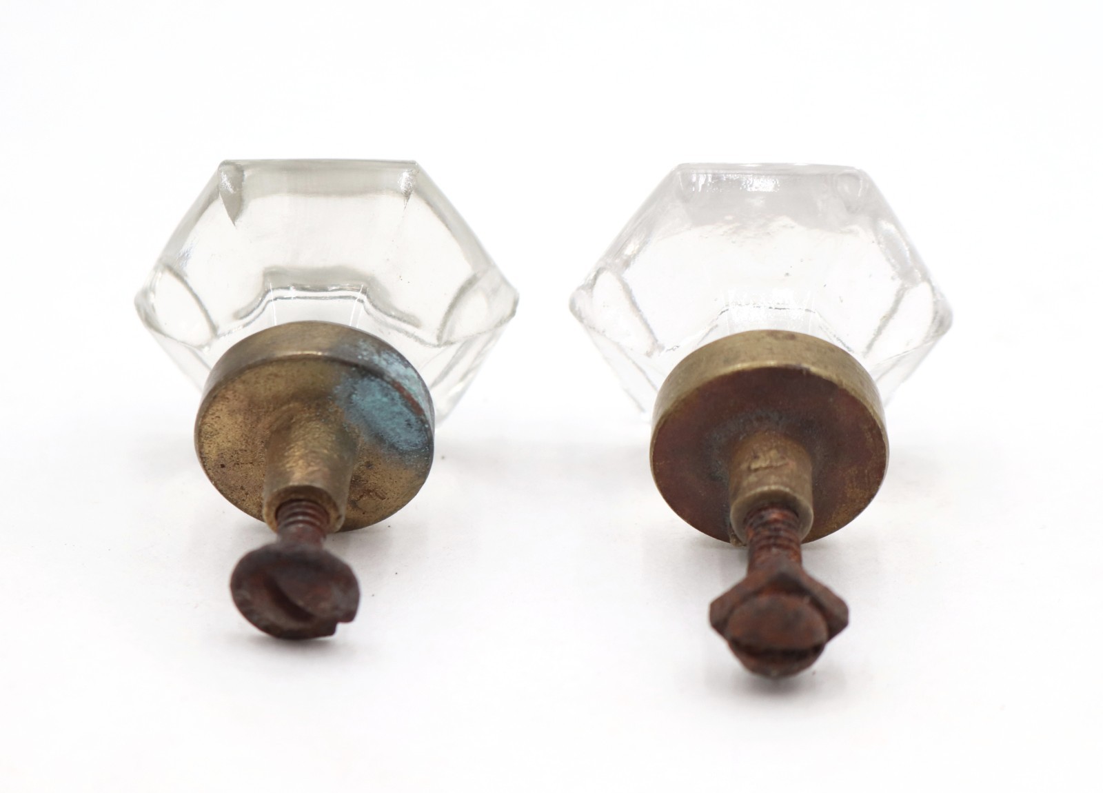 Pair of Vintage 1.25 in. Hexagon Glass Cabinet Knobs