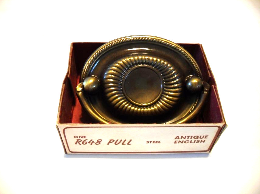 Vintage Nos Oval Antique English Brass Door Drawer Drop Bale Pull Handle