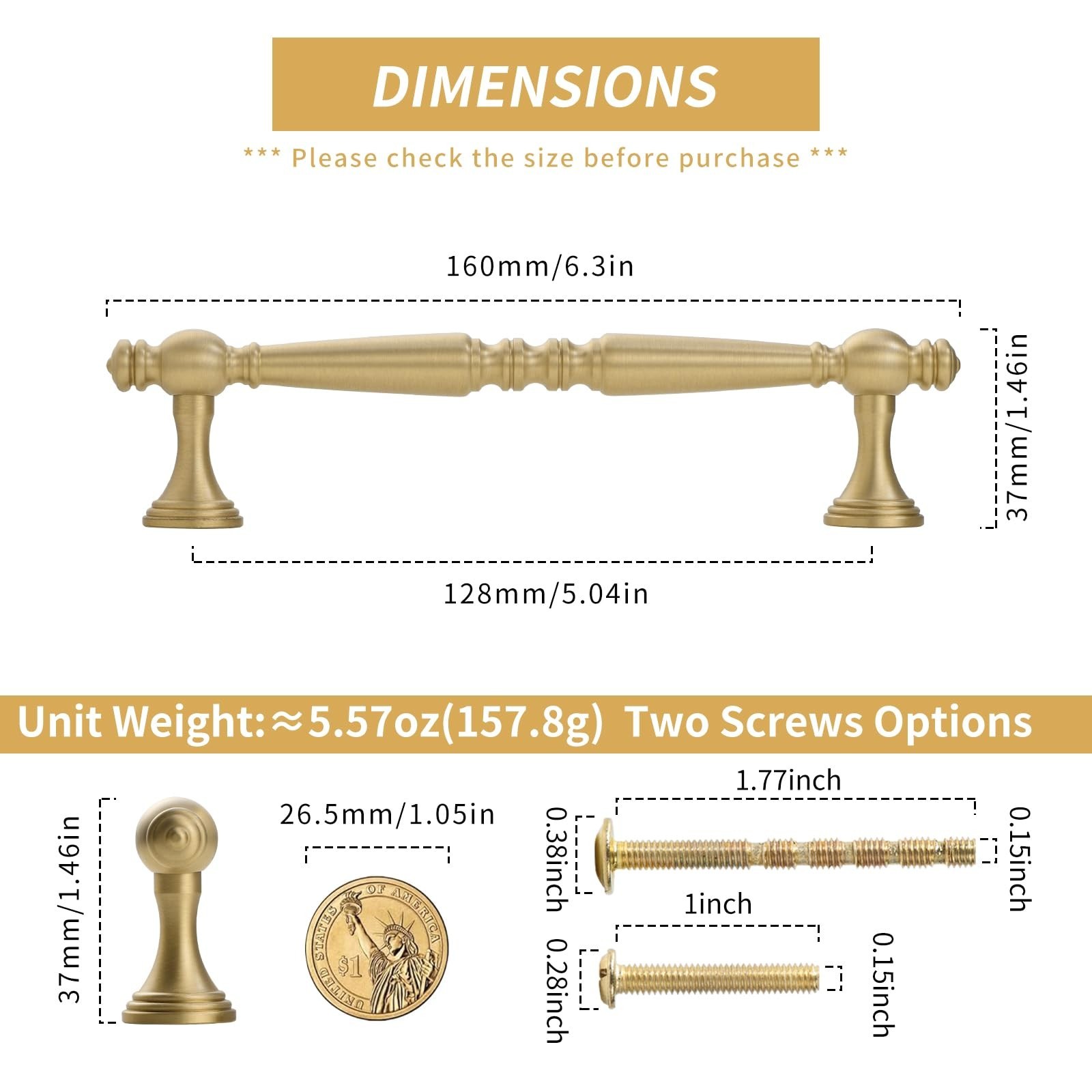 2 Pack Brushed Gold Cabinet Pulls, 5 Inch(128mm) Solid Brass Kitchen Cupboard…