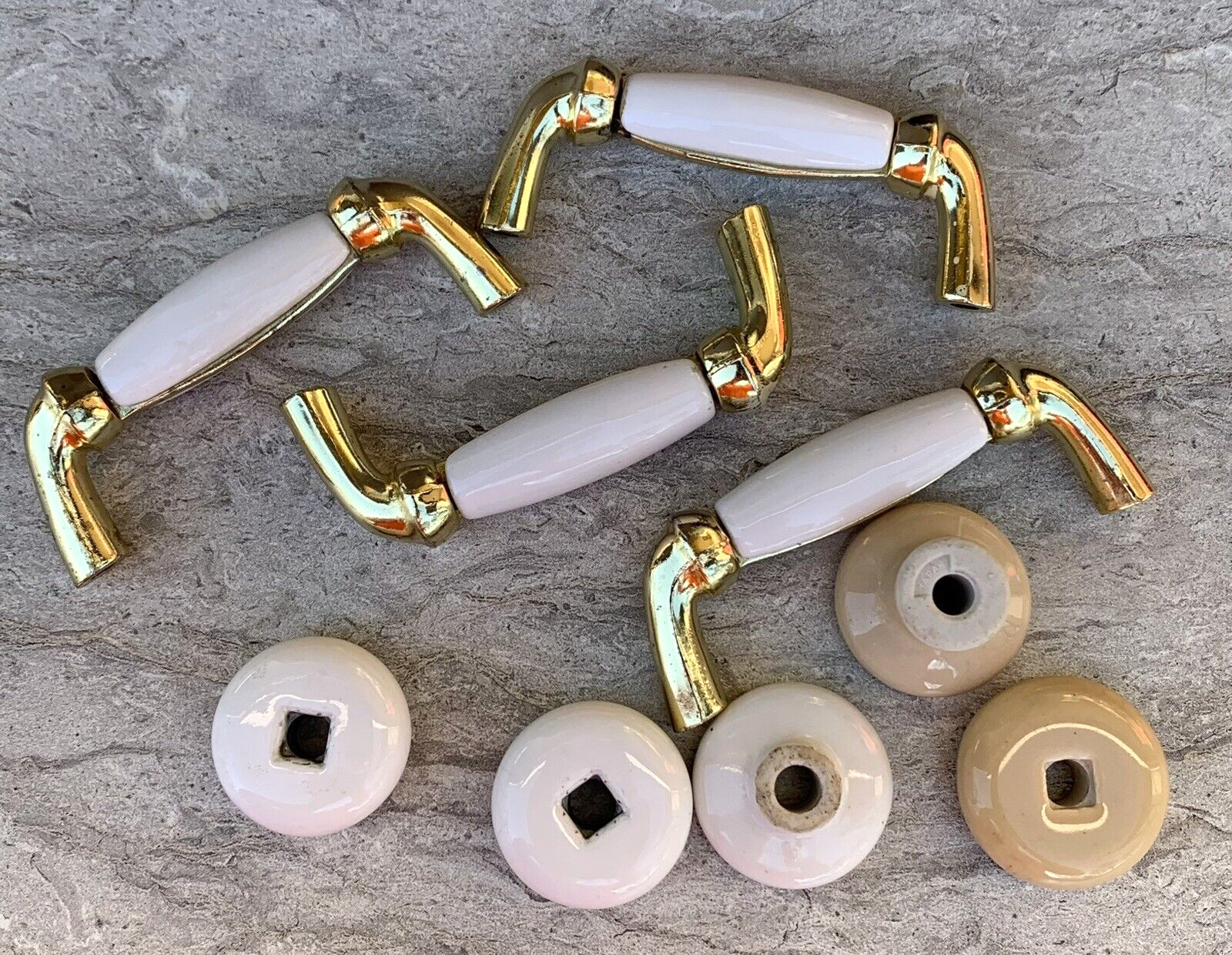 PORCELAIN HANDLES PULLS 4 Brass Handles 5 Pulls LOT OF 9 Mixed White Beige
