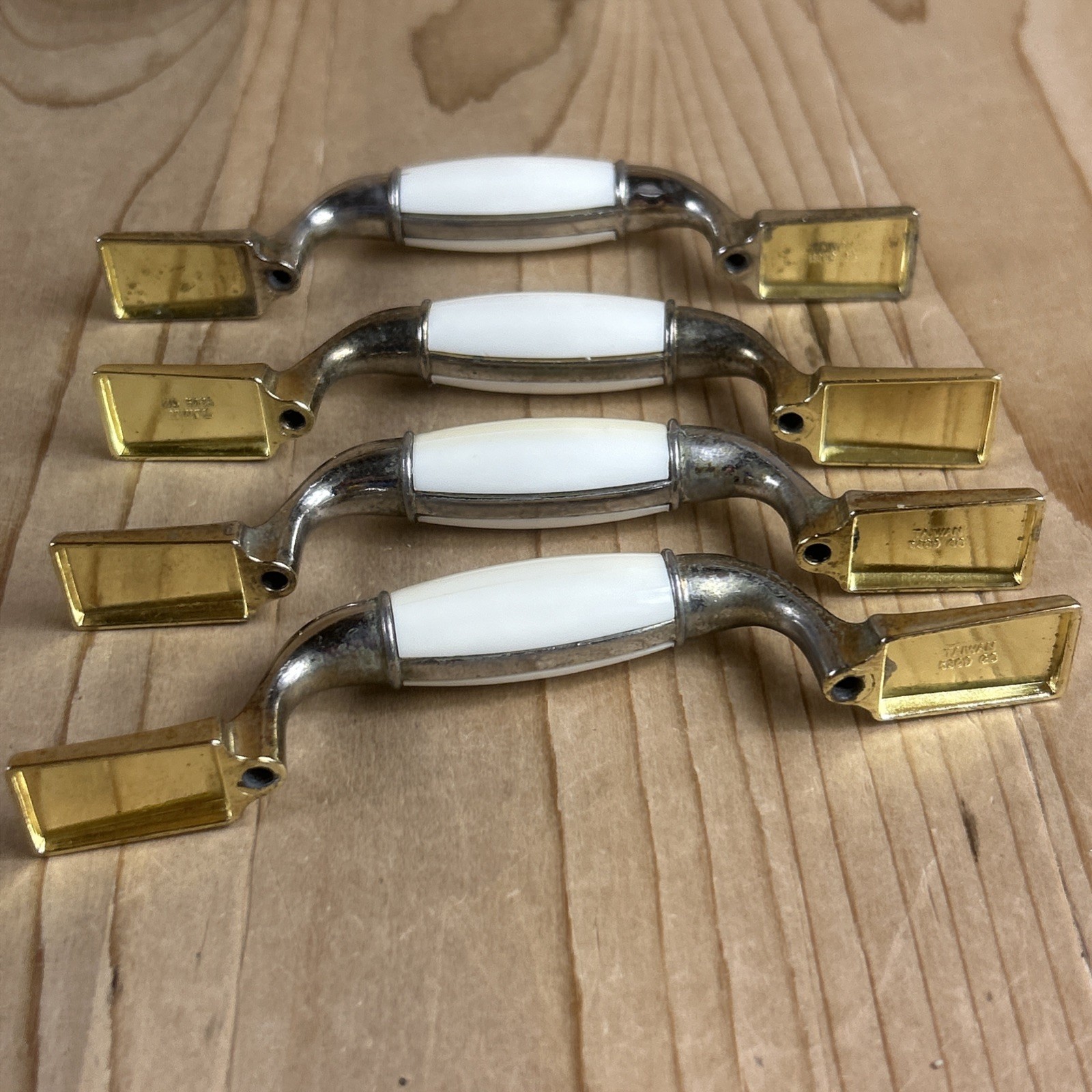 Vintage Drawer Pulls Cabinet Handles Set of 12 Beige Ceramic Center 5.5” Brass