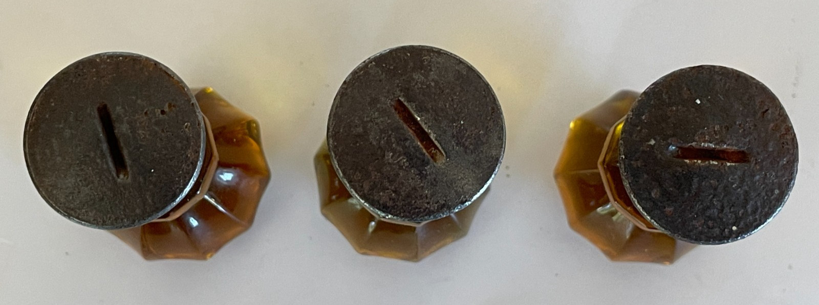 ONE Antique Amber Glass Faceted Knob Pull w/ Threaded Post and Screw Original