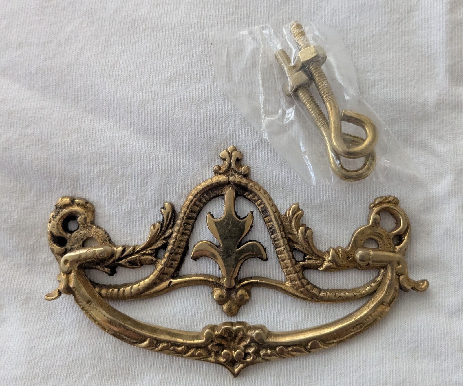 Drop Bail Drawer Pull Solid Brass w/hardware Ornate NOS 3″ center 4.5″wide 1.75T