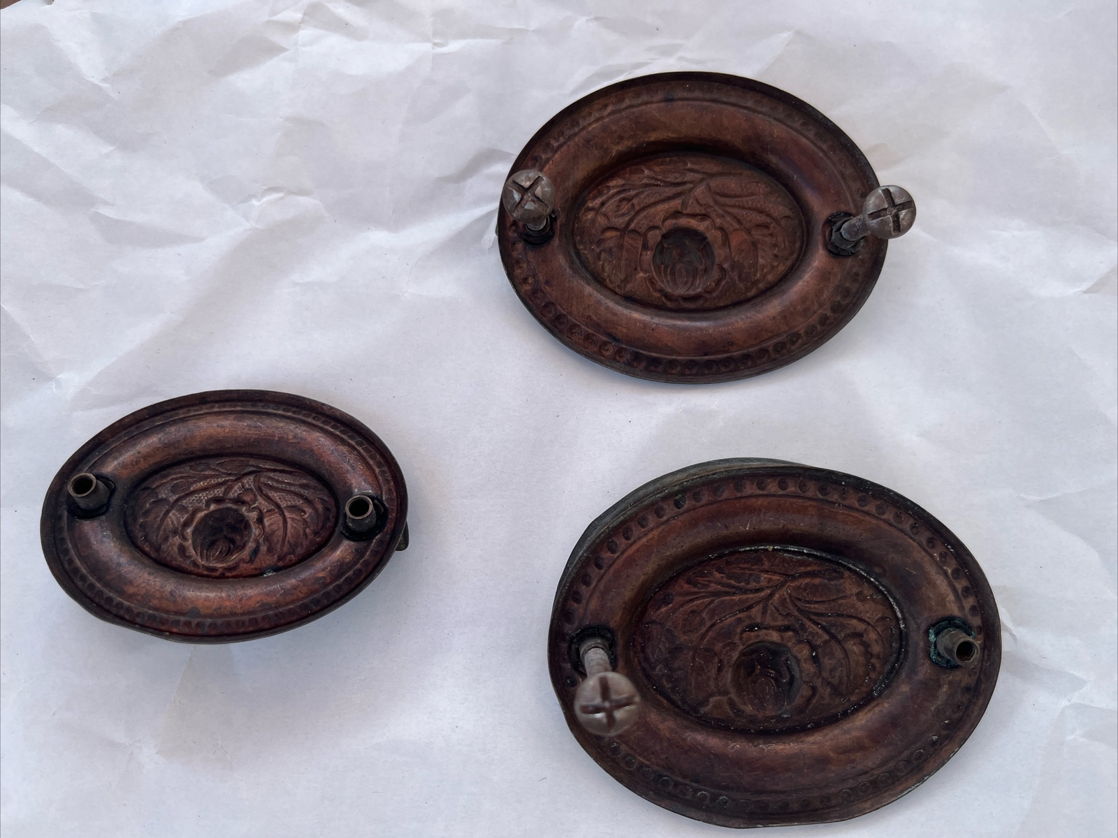 3 Antique Vintage Metal Drawer Drop Bail Oval Rose Leaf Center