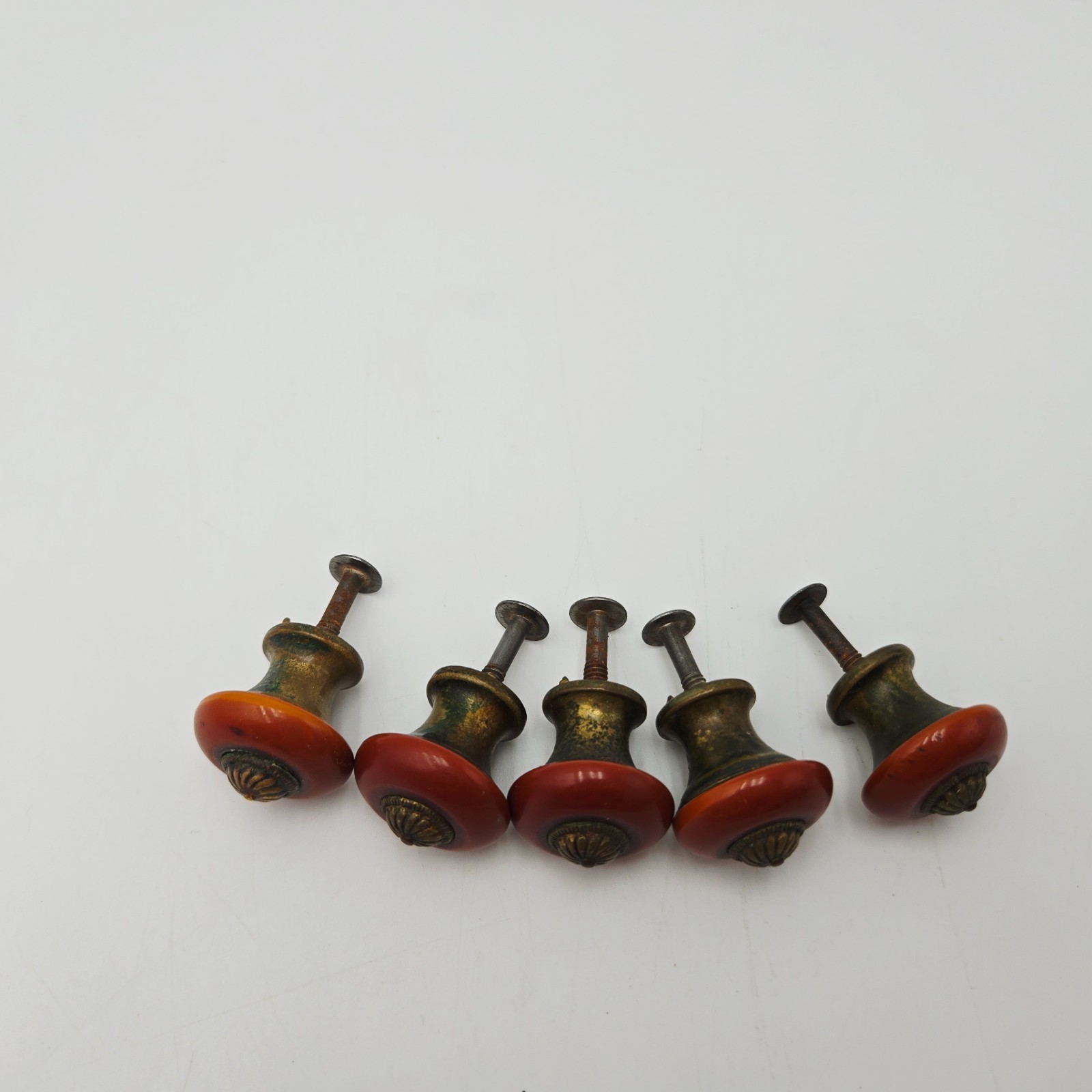 Set of 5 Vintage Red Bakelite and Brass Knobs for Furniture-Drawer Pulls