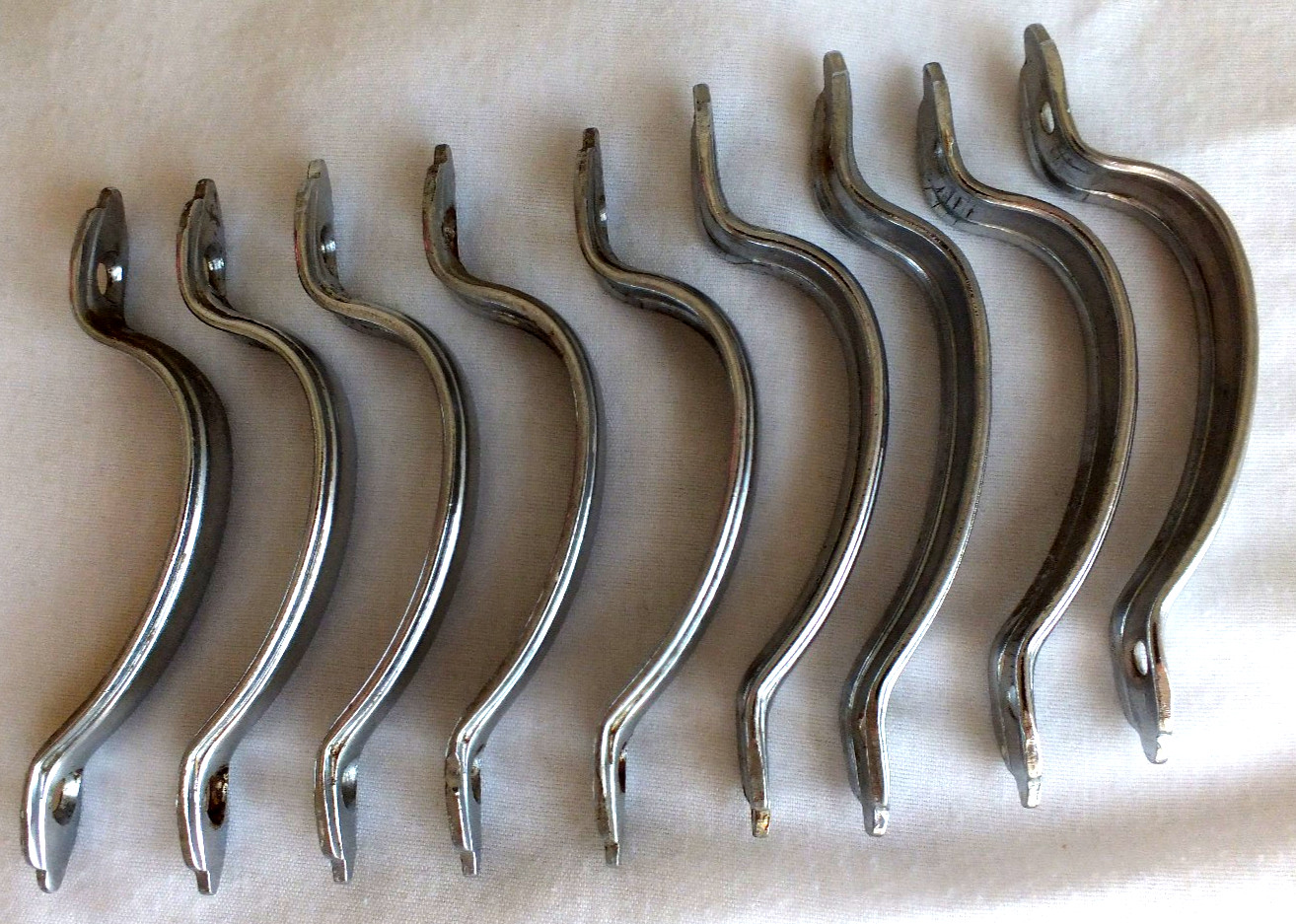 9 vintage metal pressed steel drawer door pulls handles convex 4.25″ ribbed edge