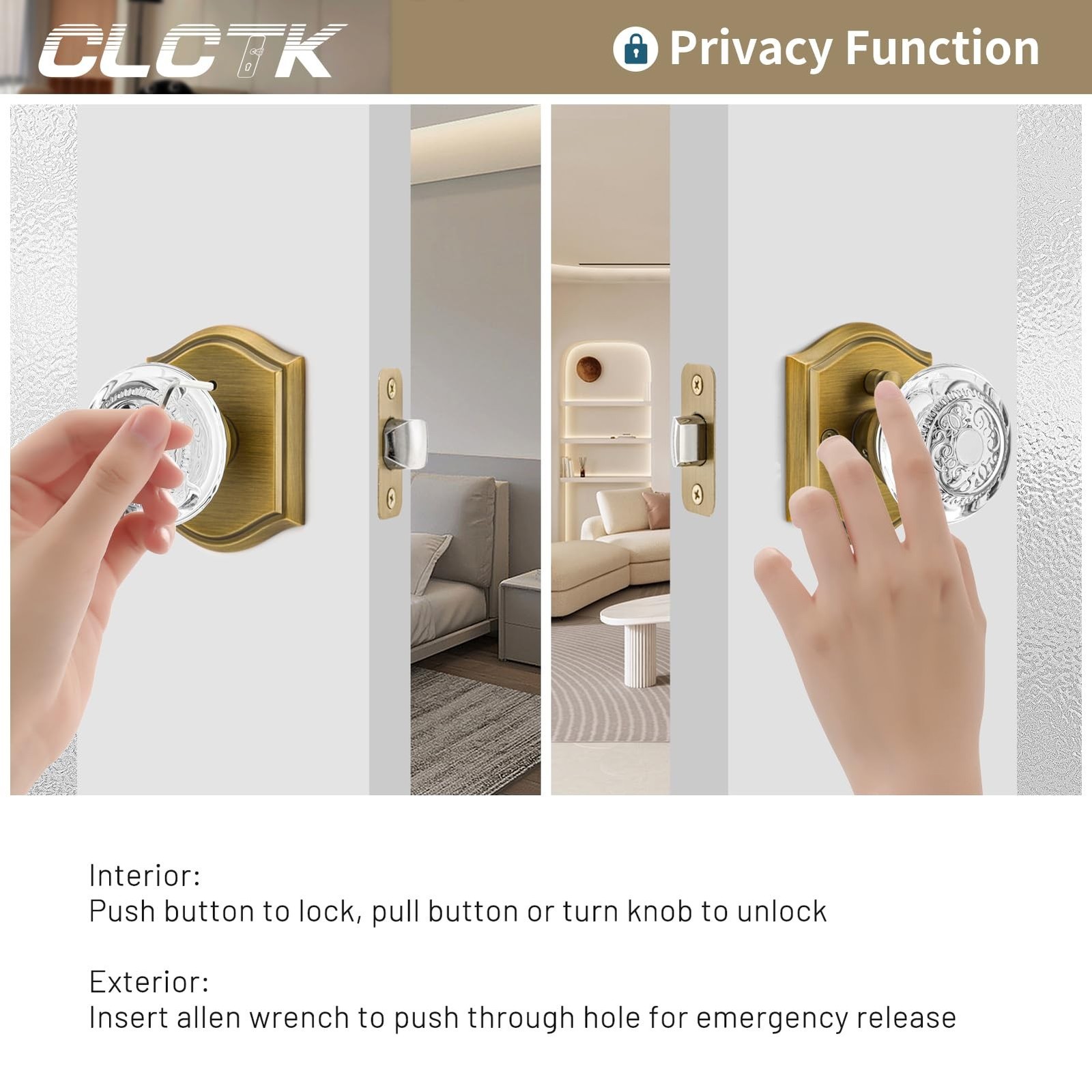 Glass Door Knobs Interior with Lock, Vintage Crystal Privacy Antique Brass Do…