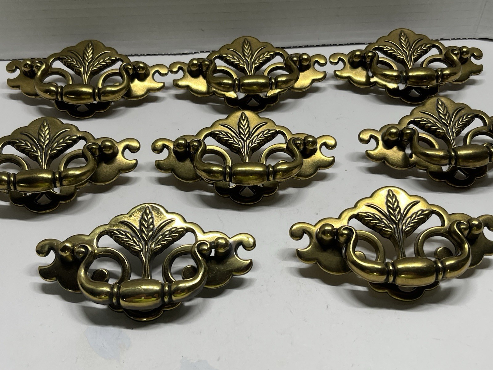 Vtg.Lot (8) NOS Brass Plated Chippendale/Batwing Wheat Design Drop Bail Pulls