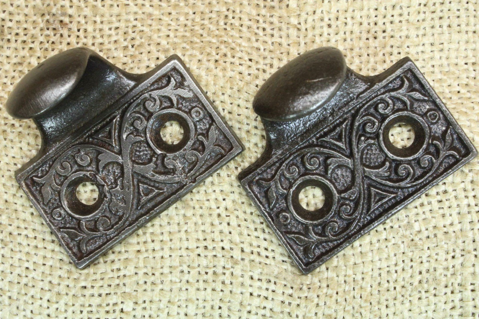 2 Old Window Sash Lifts Pulls Restored Cast Iron Victorian Ferns Triangle Scroll