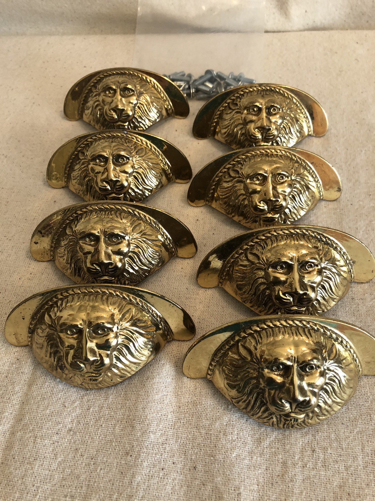 Lot Of 8 Lion Head Drawer Pulls Cabinet Handles Solid Brass Vintage Hardware