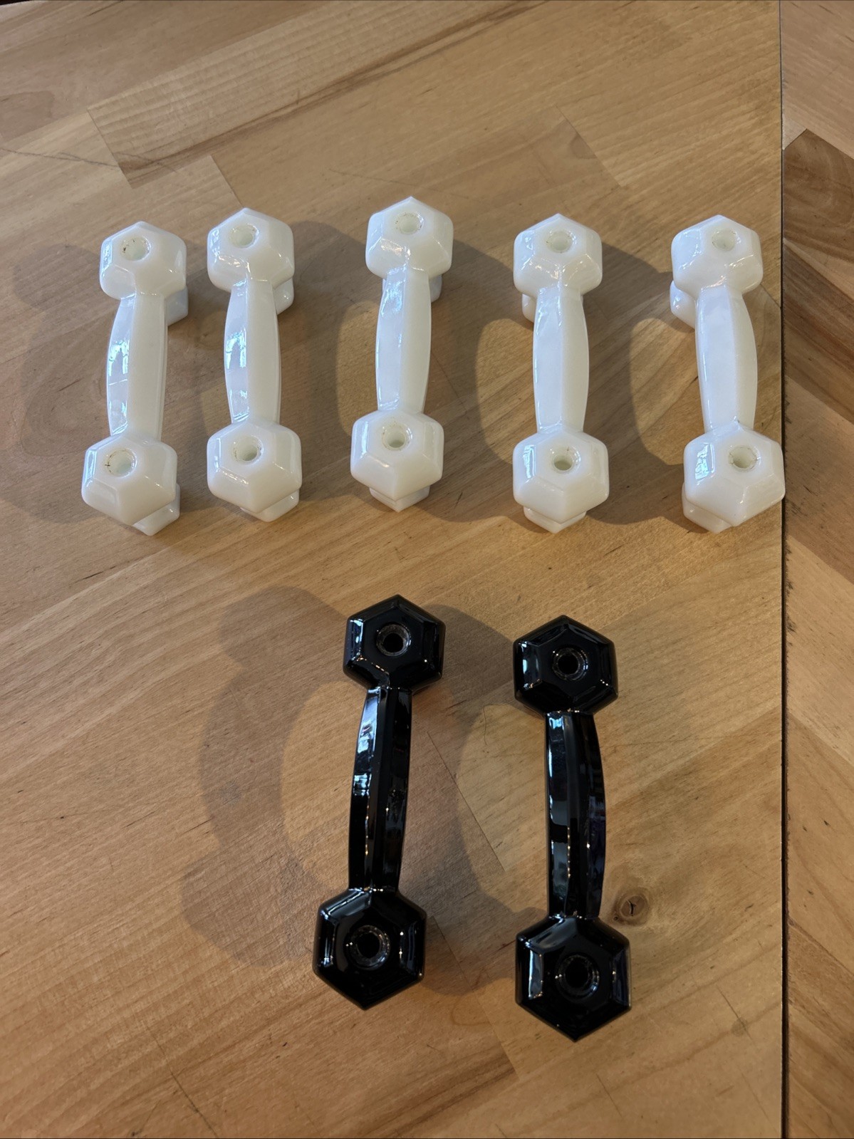 Lot 7 Vintage Milk & Black Glass Hex Cabinet Pulls 1930s–40s Art Deco Hardware
