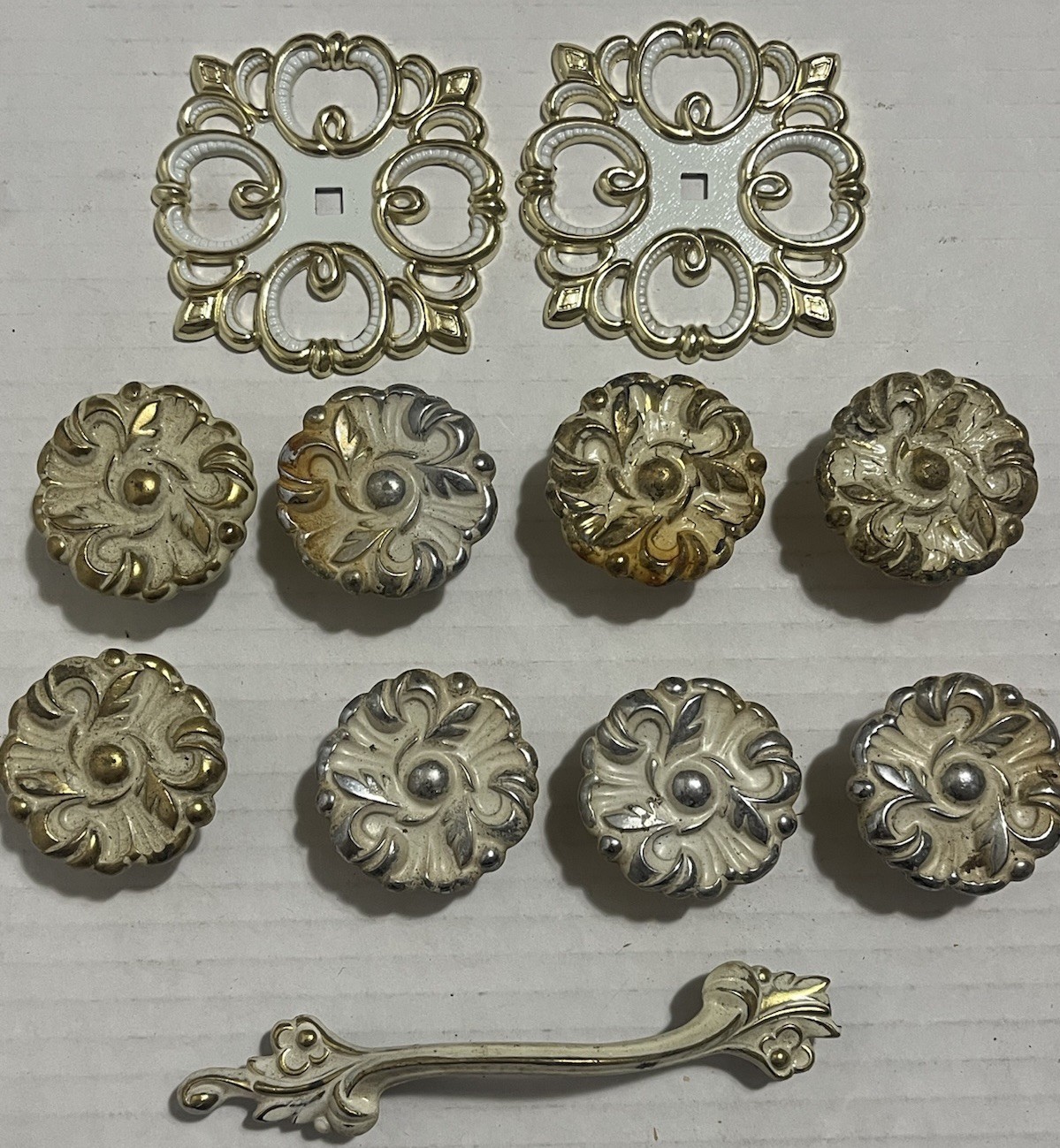 Lot of Vintage Of Floral French Provincial Drawer Knobs Pulls White Brass 1960s