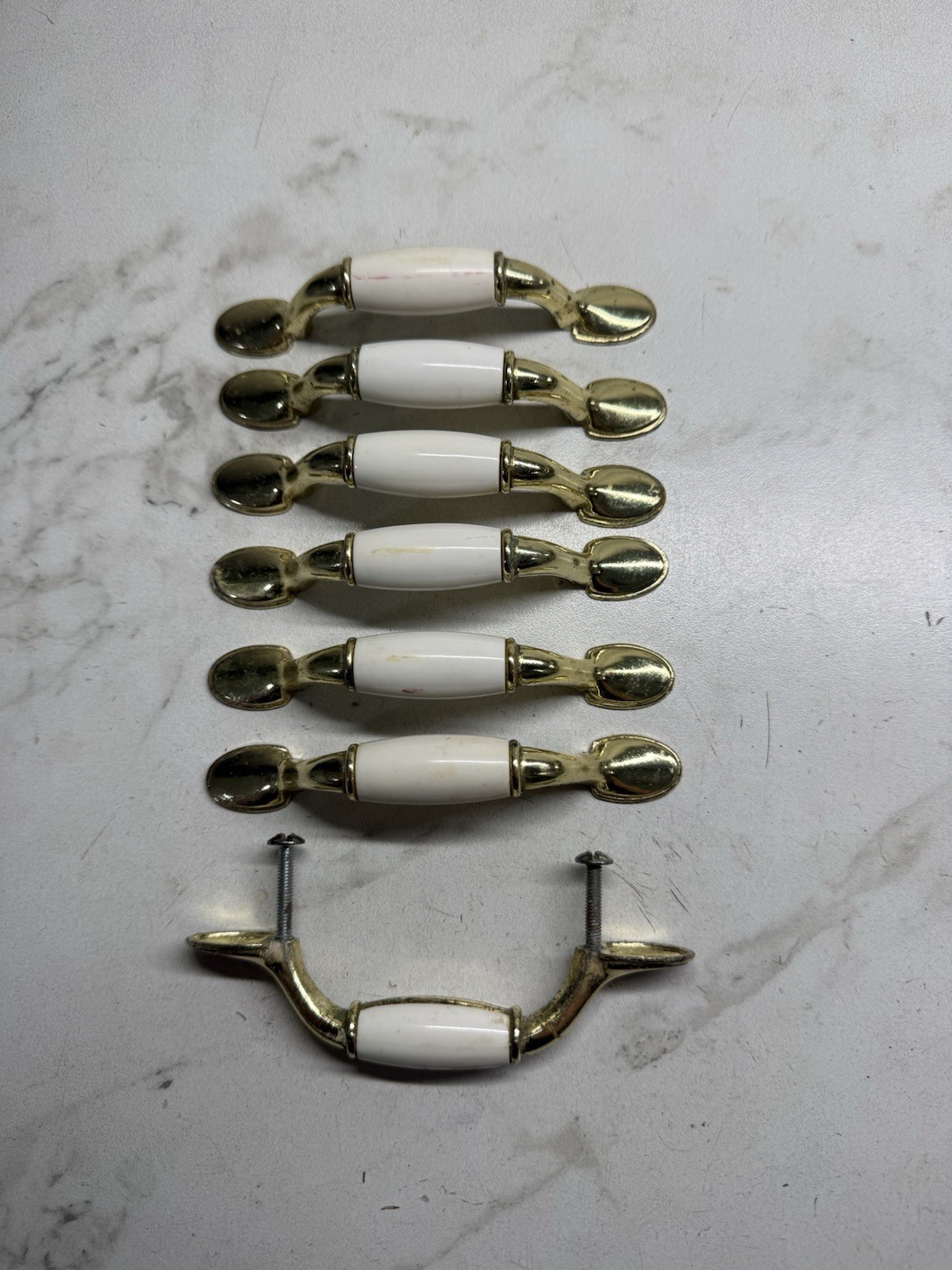 Vintage Drawer Pulls Cabinet Handles Set of 7 Beige Ceramic Center 3”