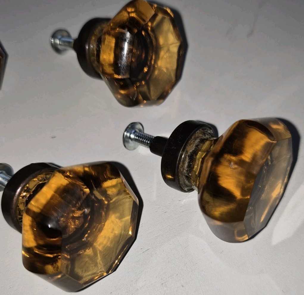 Lot Of 5 Vintage Amber Glass Cabinet/Drawer Knobs Octagon Crystal Dresser Pulls