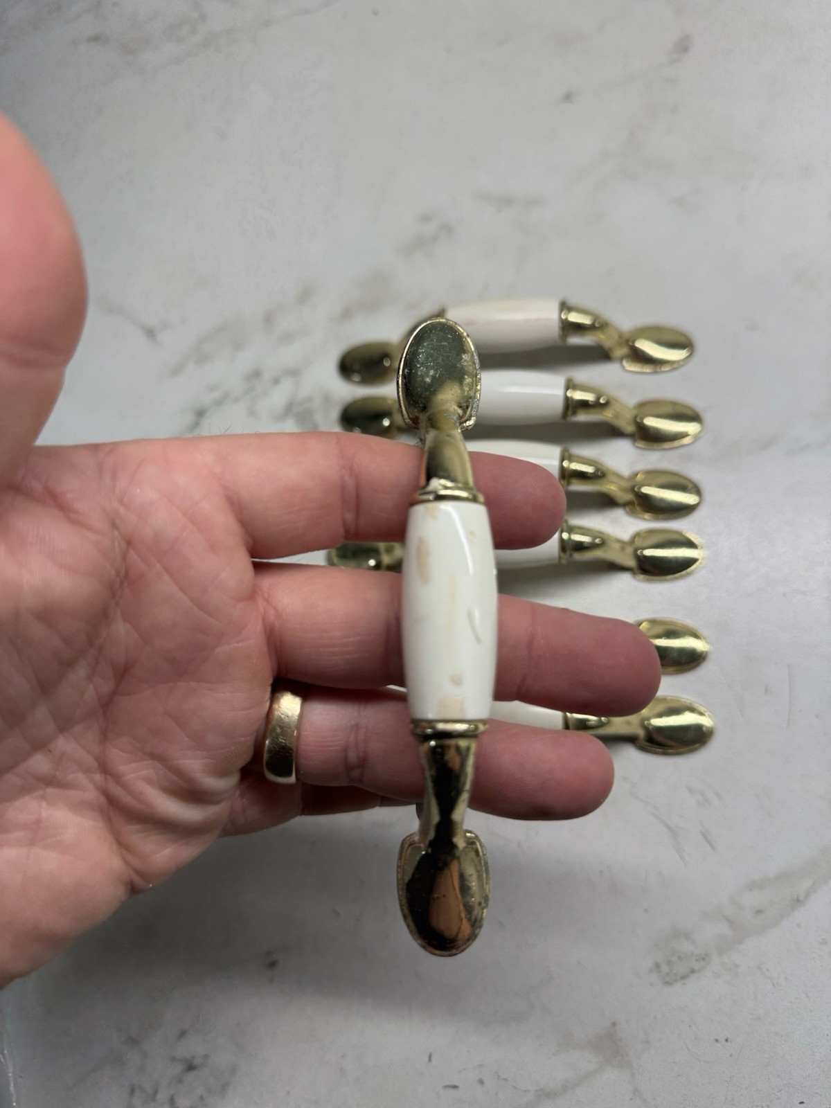 Vintage Drawer Pulls Cabinet Handles Set of 7 Beige Ceramic Center 3”