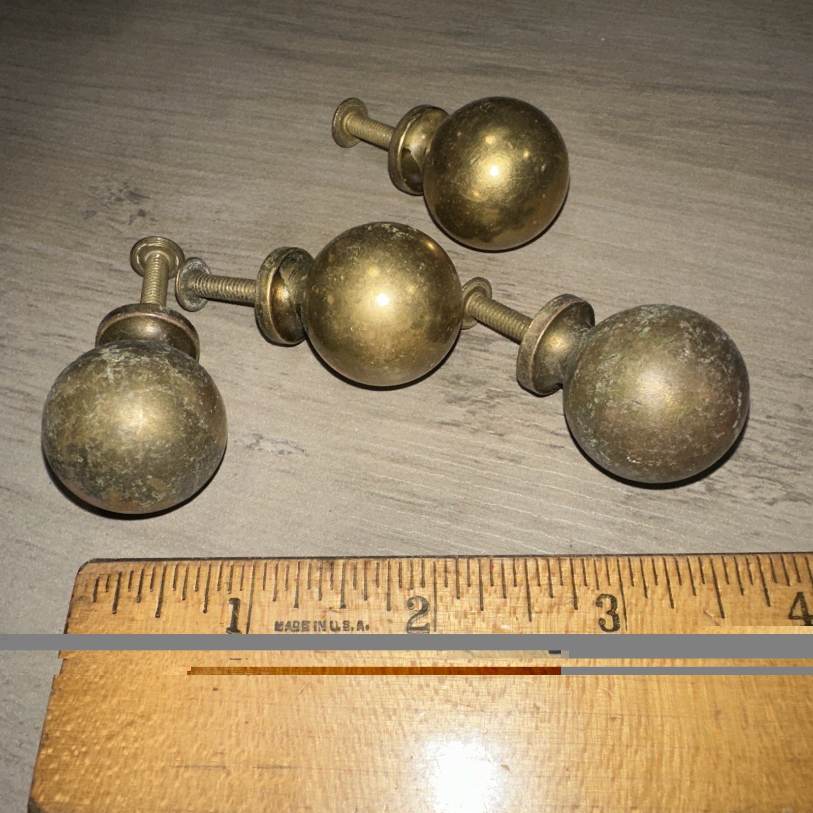 4 Brass Drawer Pulls Round Cannon Ball Style Nice Patina!