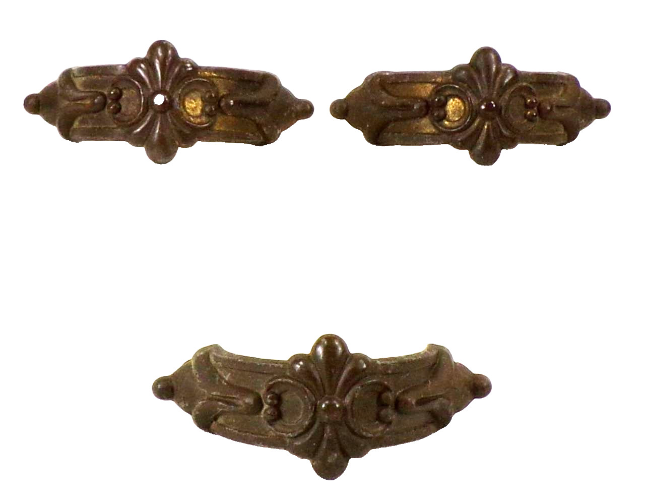 3 Art Deco Drawer Pulls Pot Metal Gold Paint Fleur de Lis Dresser Vanity VTG #5