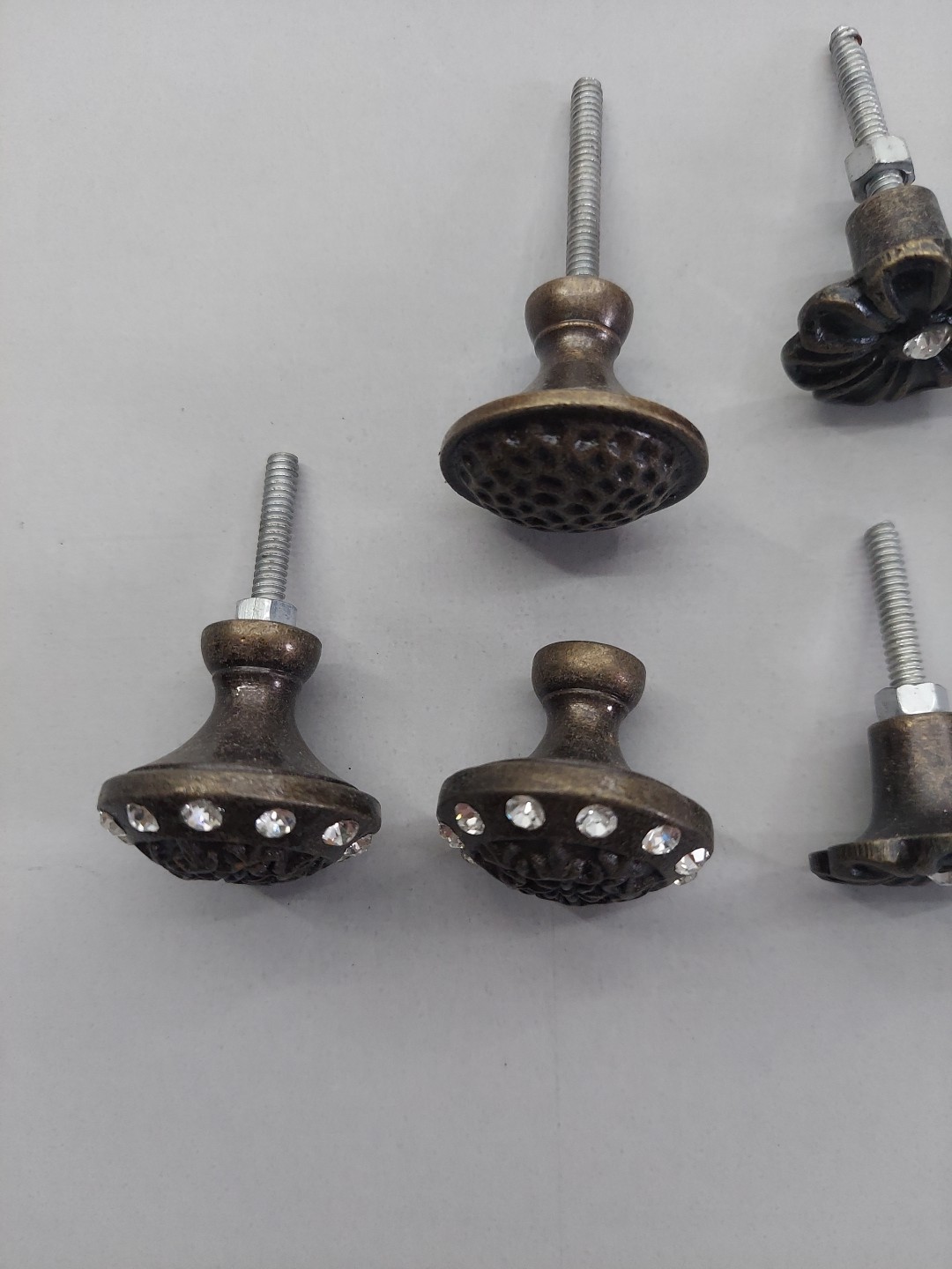 Lot 8 Metal Knobs Drawer Pulls Ornate Floral Embellished Brown Rhinestone