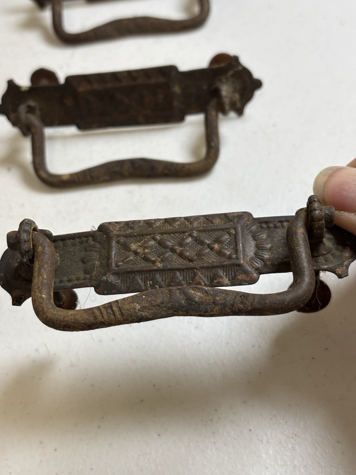 Antique Drop Bail Handles Drawer Dresser Ornate Brass Hardware 3”cc Set Of 3