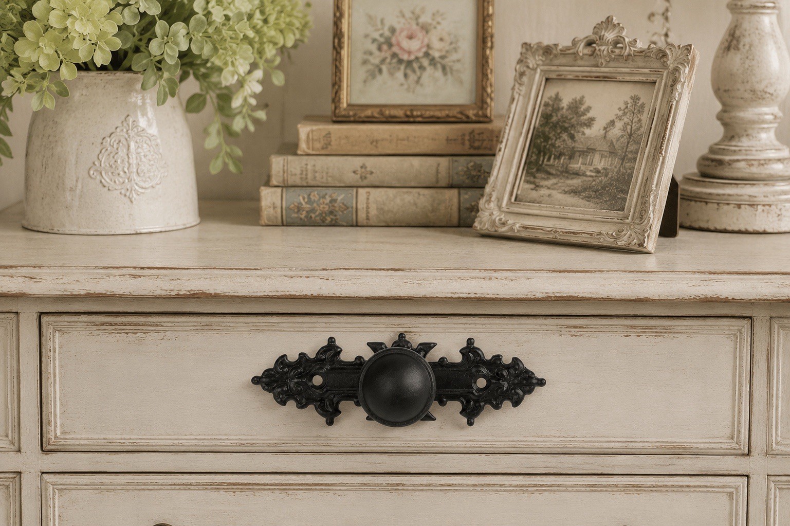 Black Metal Knob With Ornate Backplate Antique Style Metal Drawer Cabinet Pulls