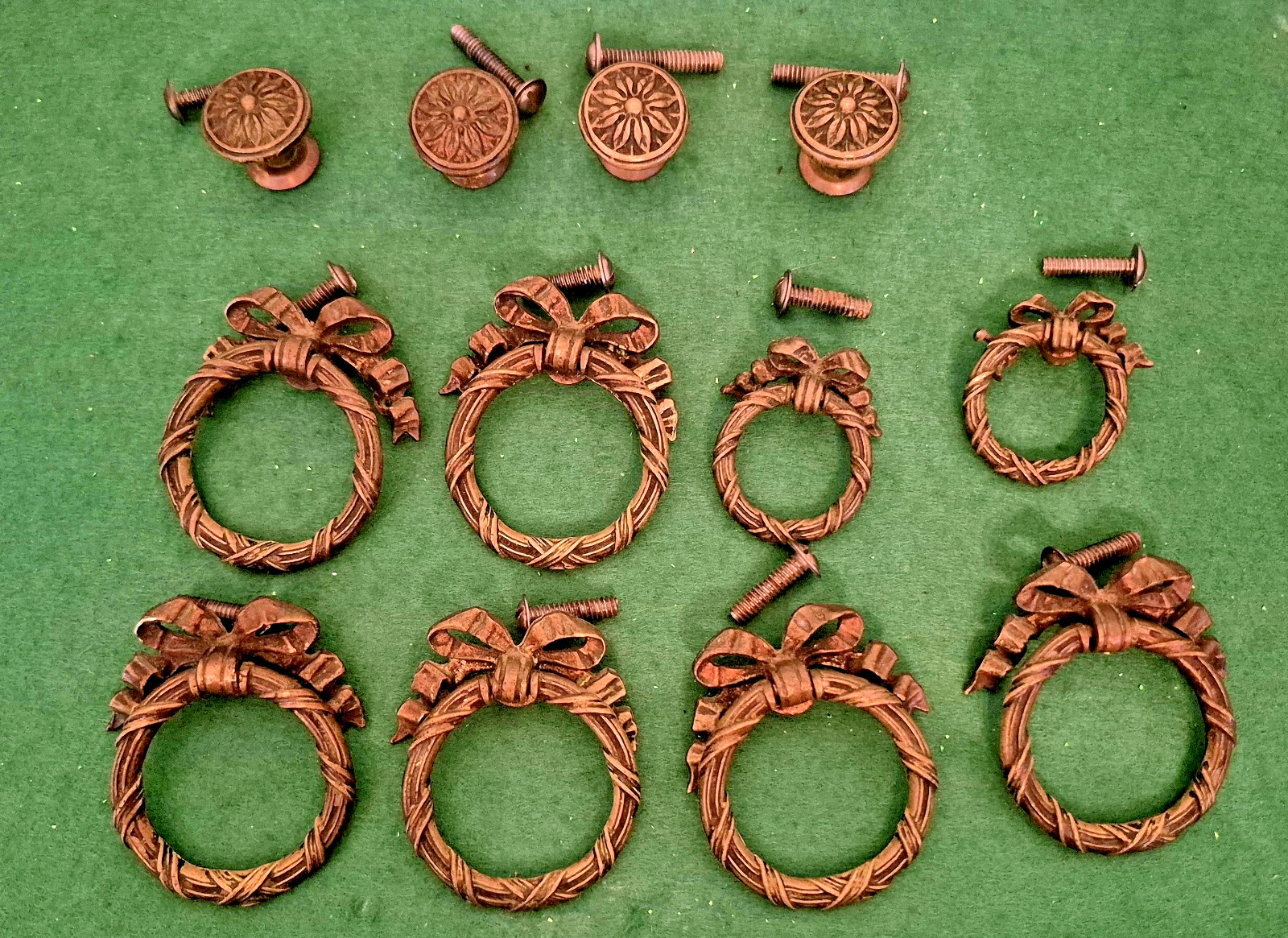 Antique Ribbon And Bow Ornate Bronze Brass Drawer Pull Rings 12 Set Art Nouveau!