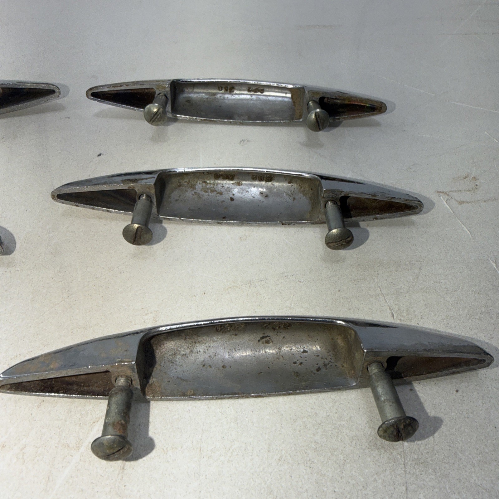 Lot of 6 Vtg Shiny Chrome MCM Art Deco 50’s Atomic Cabinet Drawer Pull Handle
